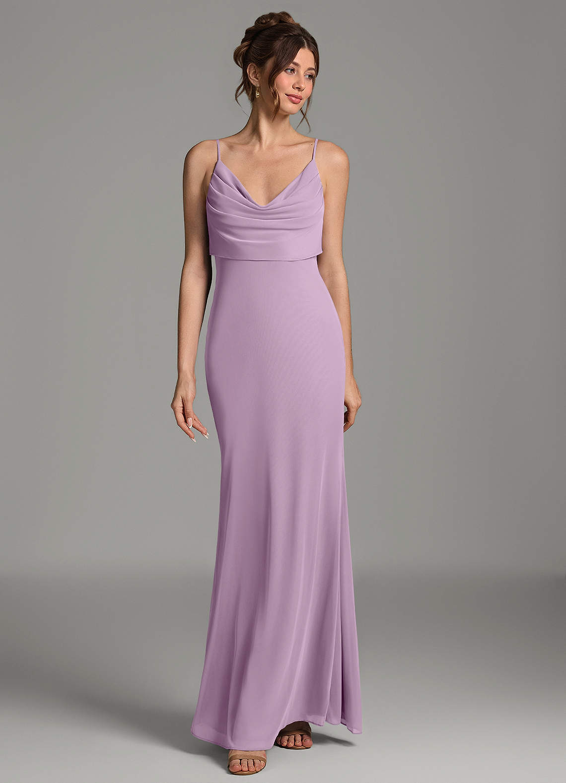 Zari Mermaid Cowl-Neck Mesh Bridesmaid Dress in Wisteria