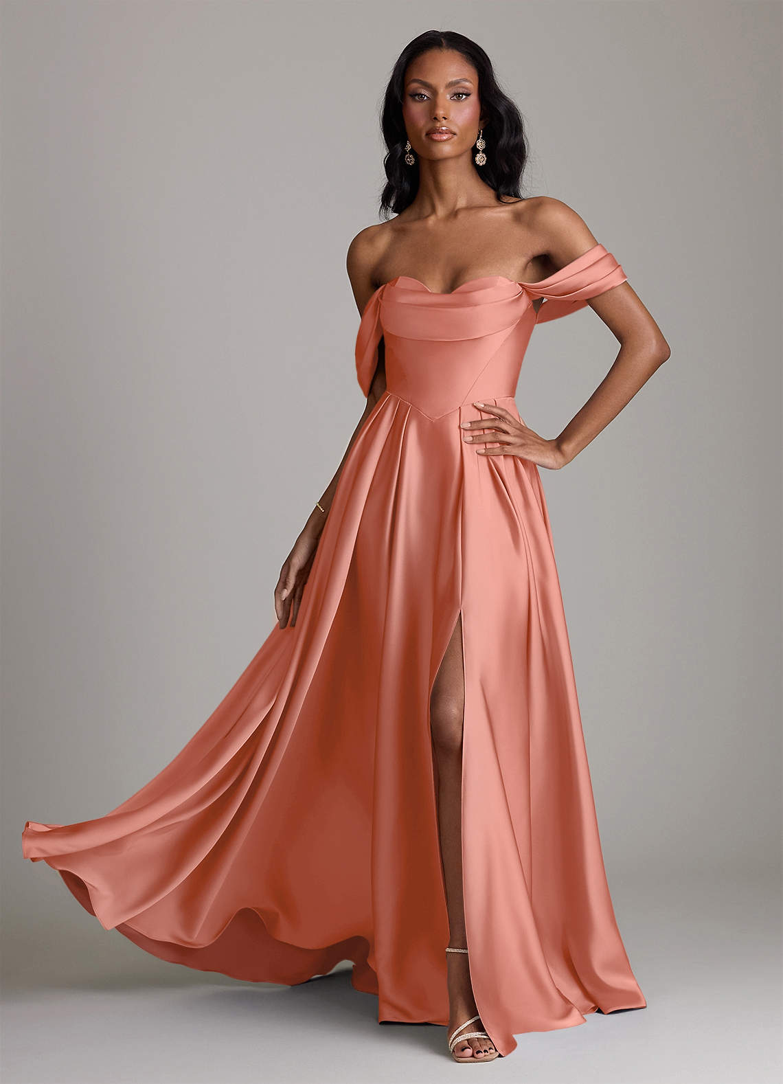Loisa A-Line Off-the-Shoulder Stretch Satin Bridesmaid Dress in Salmon Pink