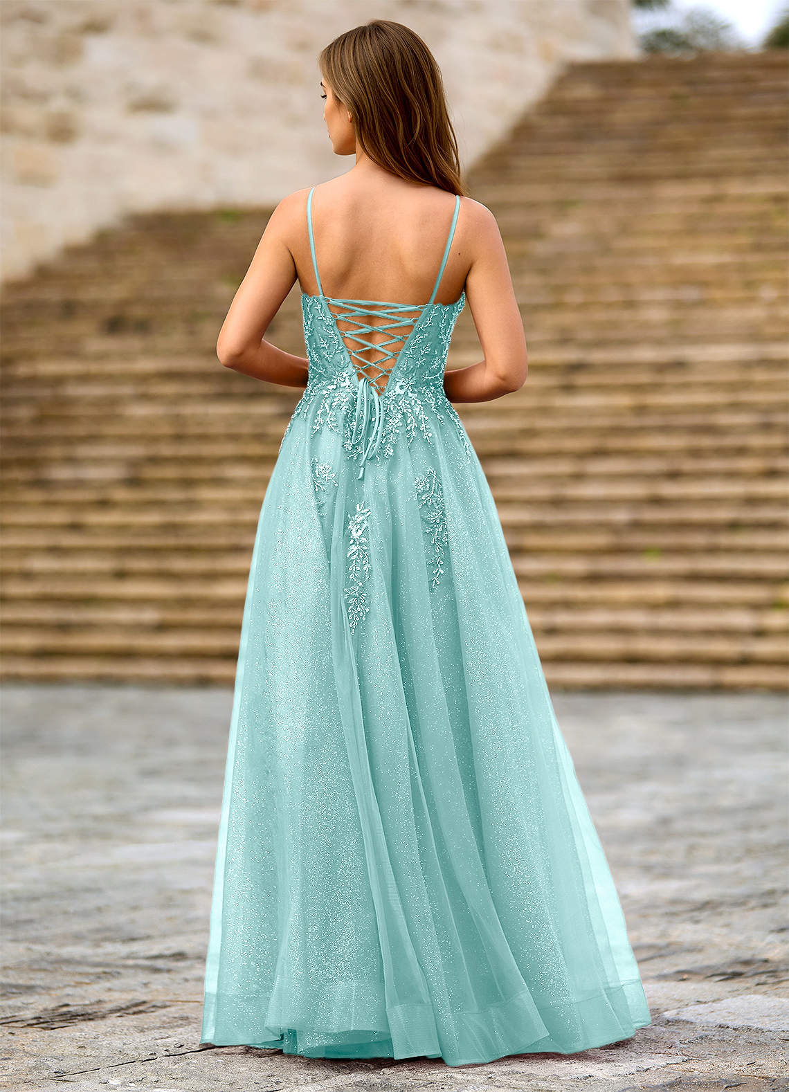 Milliener A-Line V-Neck Tulle Evening Dress in Light Green