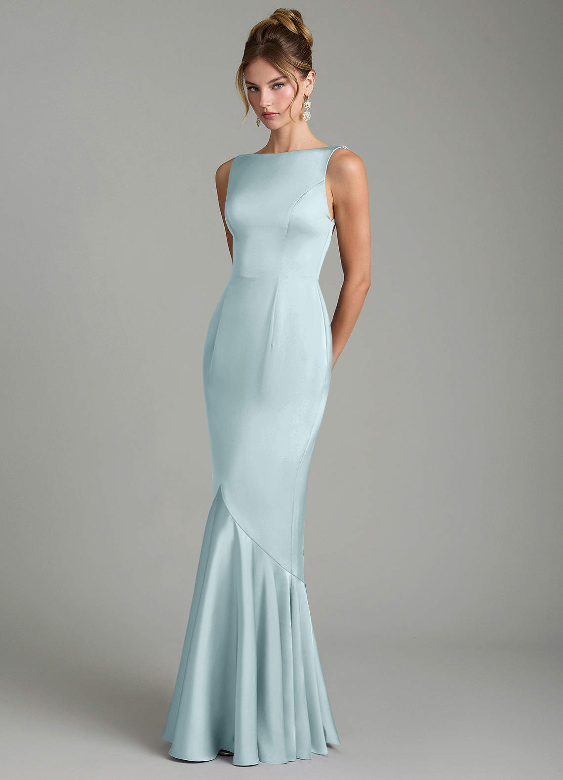 Tamera Mermaid Boat-Neck Stretch Satin and Chiffon Bridesmaid Dress in Mist