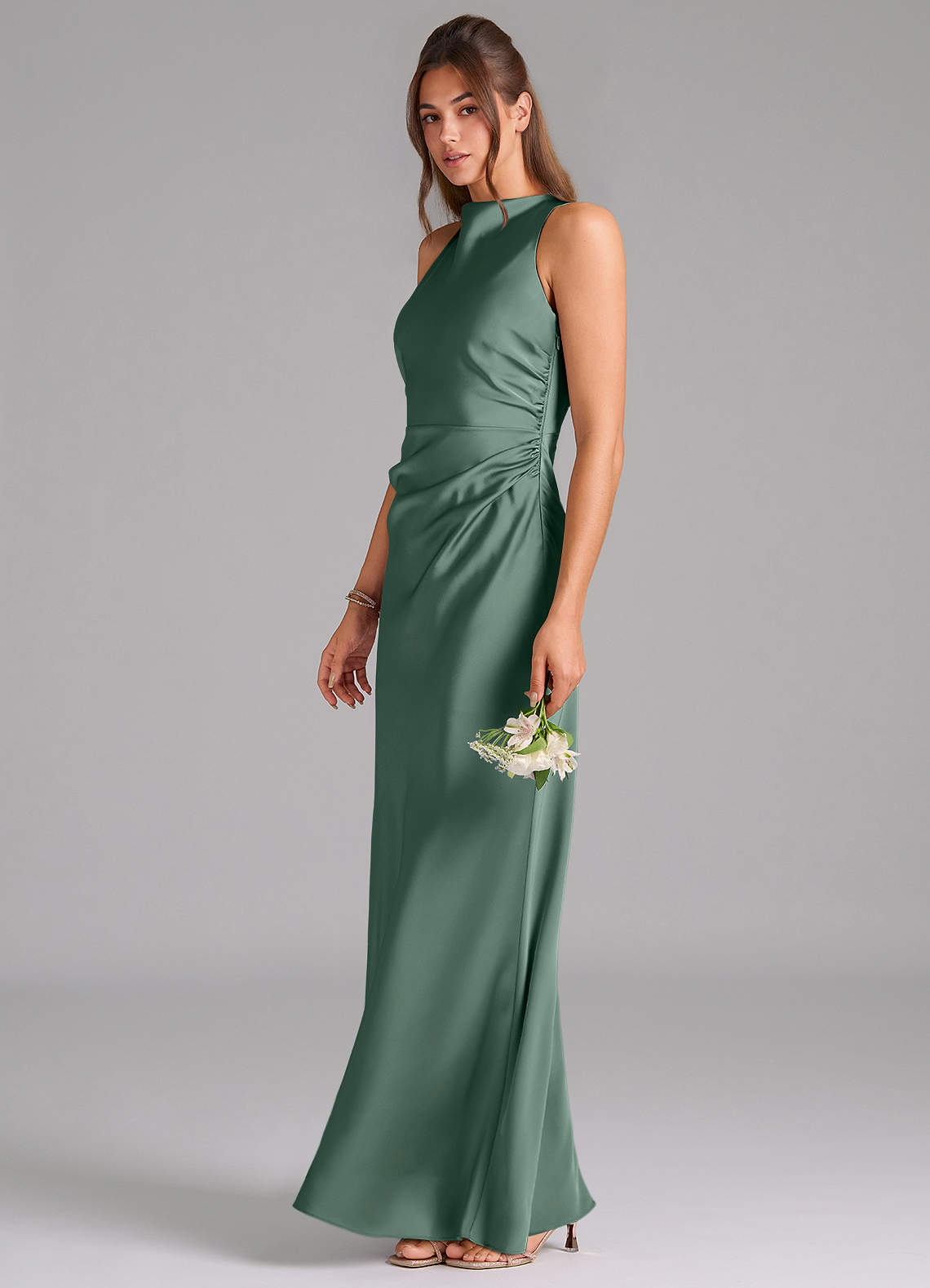 Evadne Sheath Scoop-Neck Stretch Satin Bridesmaid Dress in Eucalyptus