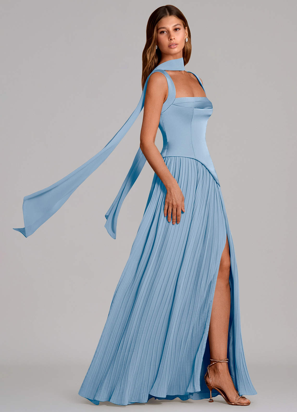 Stephanie A-Line Square-Neck Stretch Satin and Chiffon Bridesmaid Dress in Powder Blue