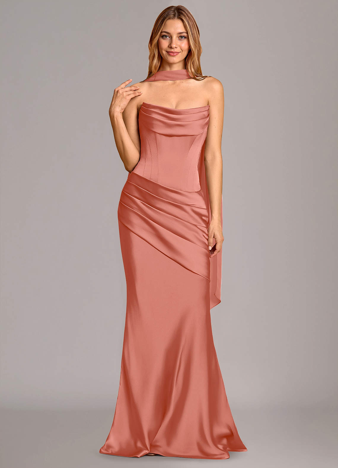 Pelagia Mermaid Cowl-Neck Stretch Satin Bridesmaid Dress in Salmon Pink