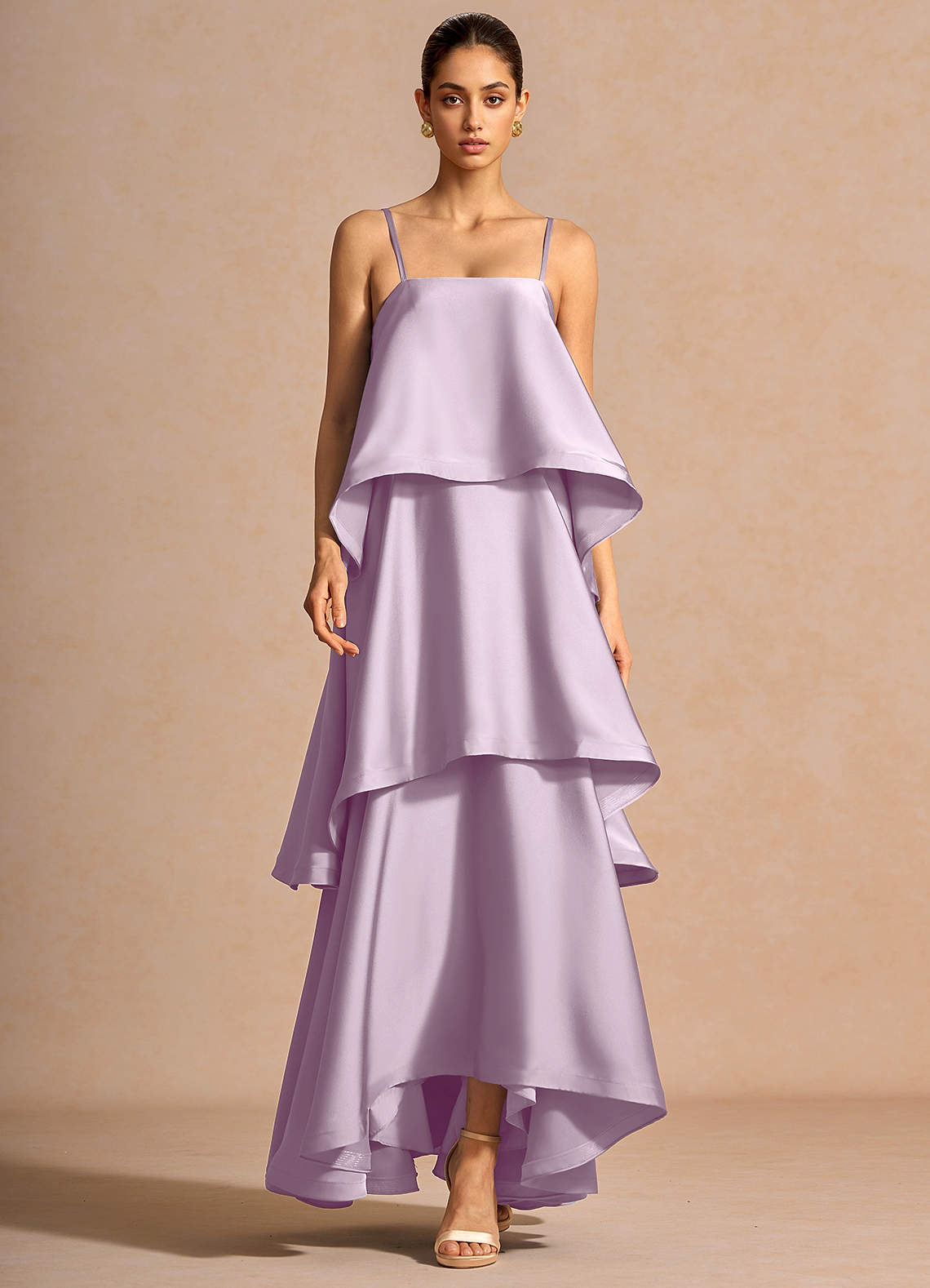 Itasca A-Line Tiered Stretch Satin Wedding Guest Dress in Frosted Lilac
