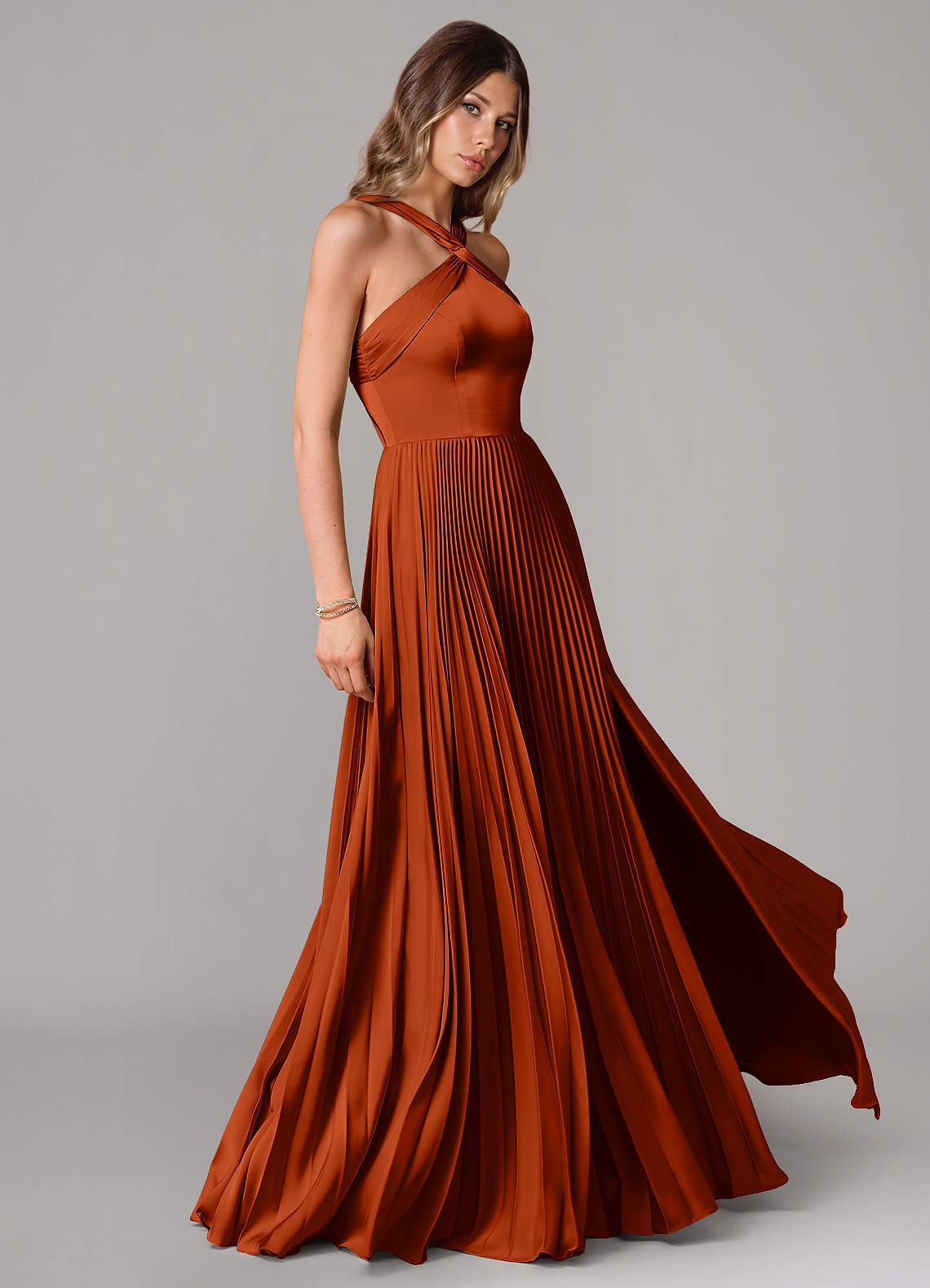 Afra A-Line Halter-Neck Stretch Satin Bridesmaid Dress in Paprika
