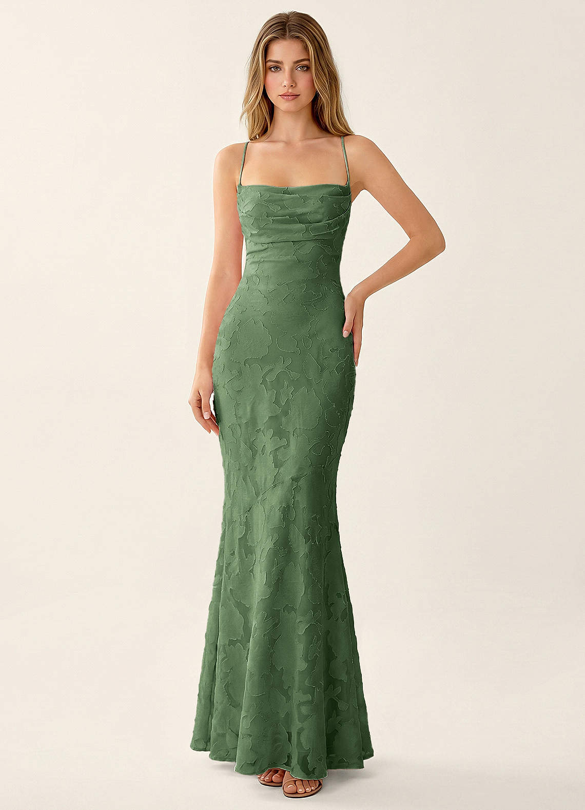 Natasha Mermaid Spaghetti-Strap Floral Burnout Evening Dress in eucalyptus