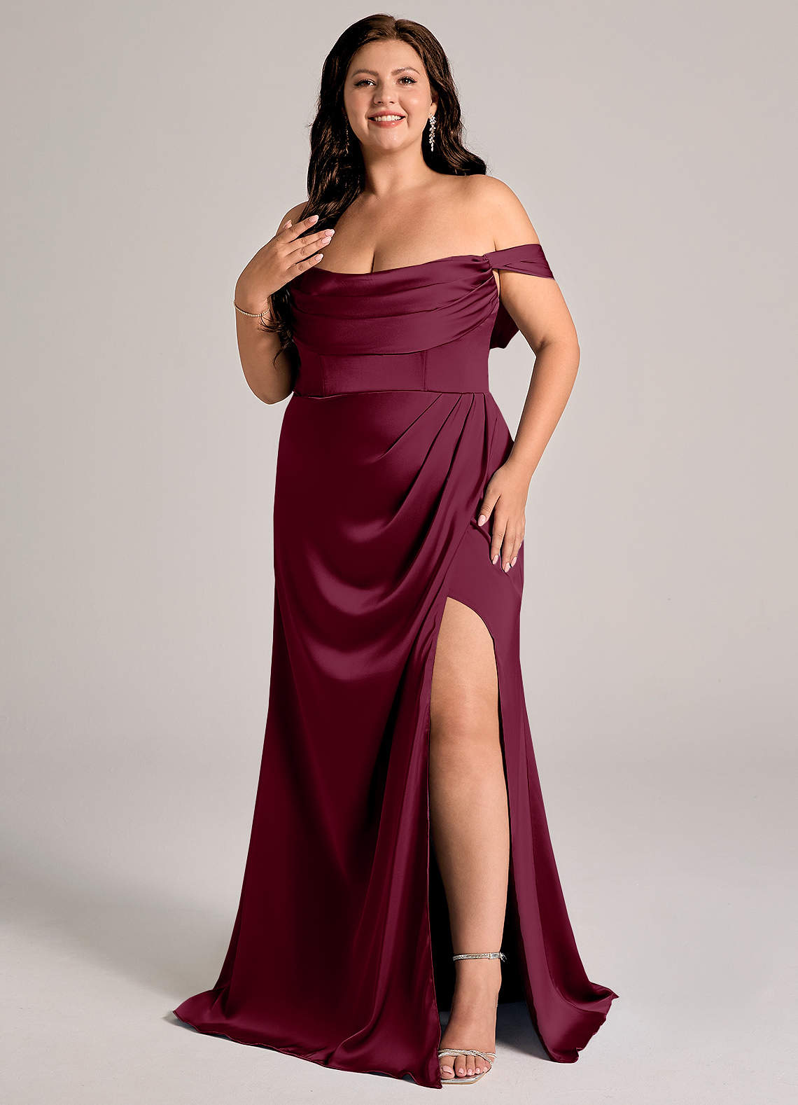 Johana Mermaid Off-the-Shoulder Stretch Satin Bridesmaid Dress in Mulberry
