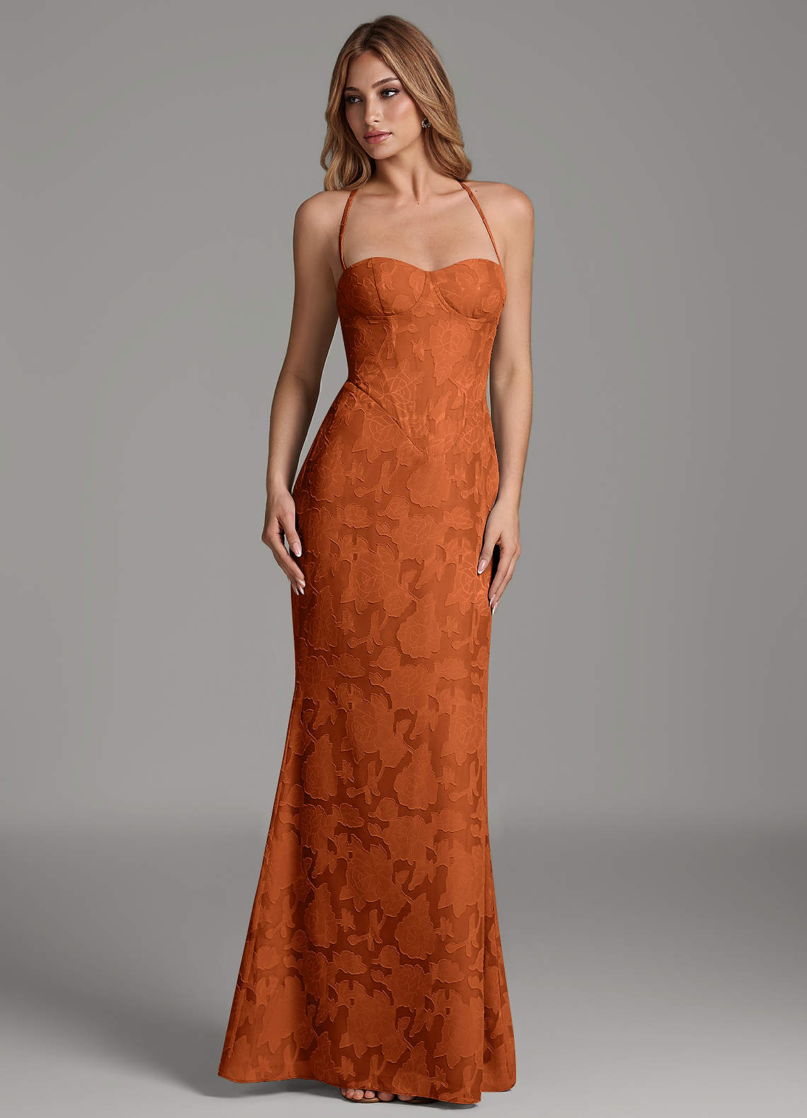 Dara Mermaid Sweetheart Floral Burnout Bridesmaid Dress in Burnt Orange