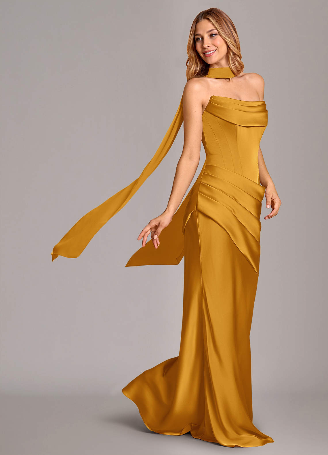 Pelagia Mermaid Cowl-Neck Stretch Satin Bridesmaid Dress in butterscotch