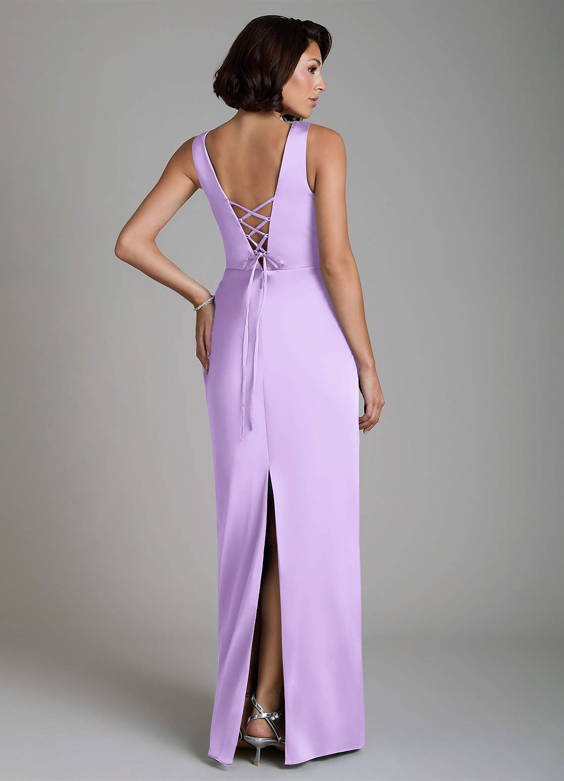 Vanya Sheath V-Neck Stretch Satin Bridesmaid Dress in Lilac