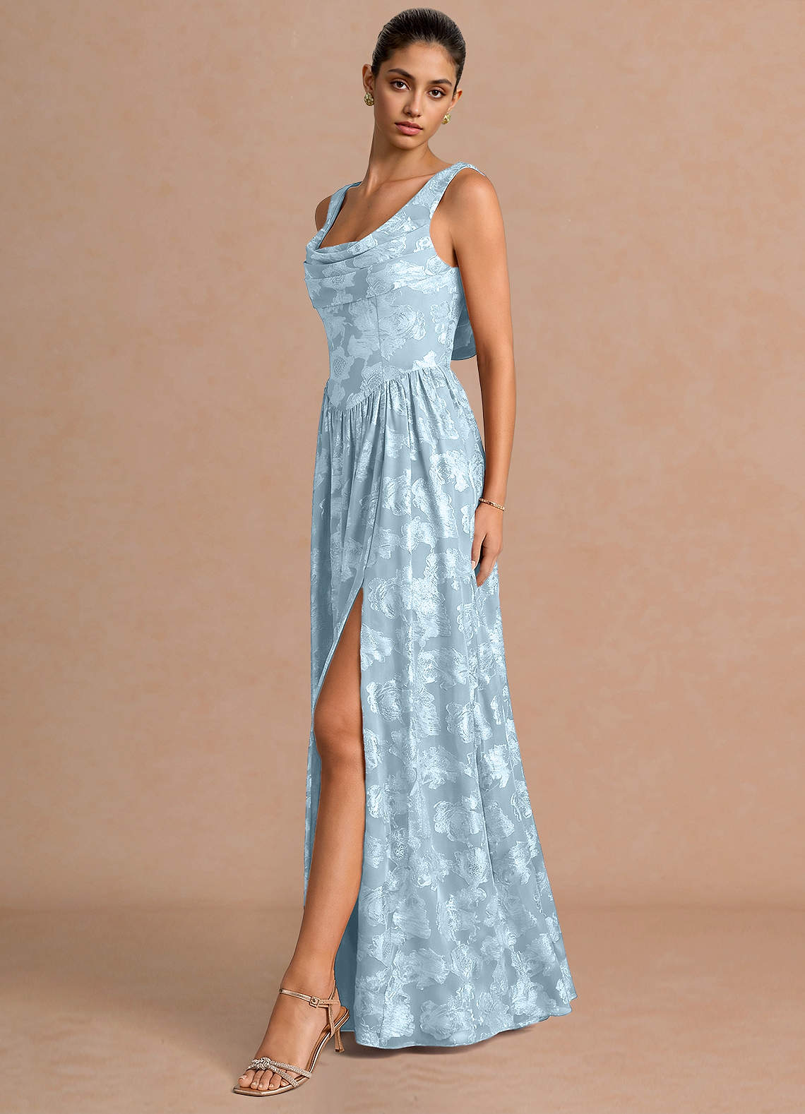 Novi A-Line Draped-Neck Floral Fil Coupé Evening Dress in Powder Blue