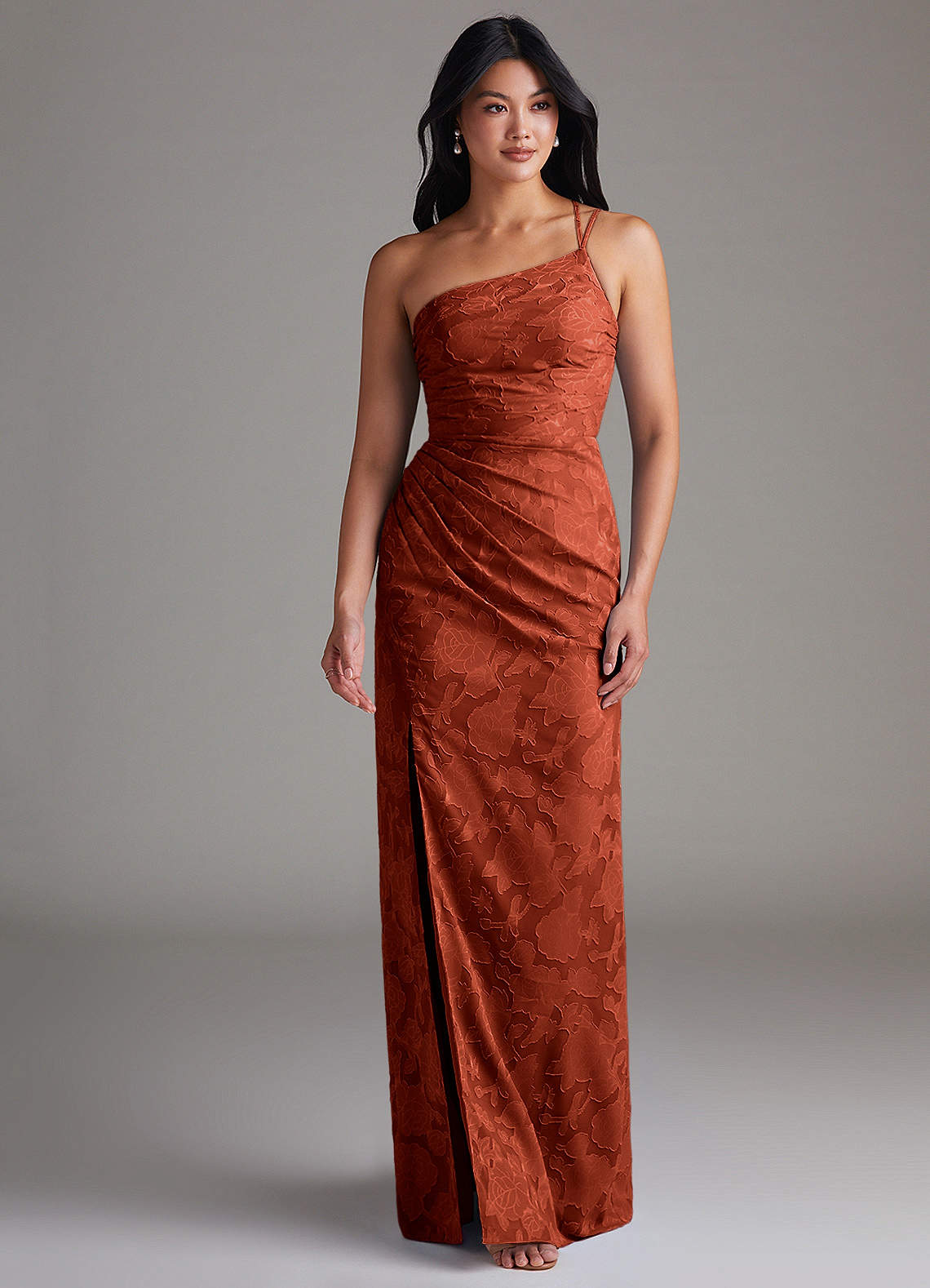 Eren Sheath One-Shoulder Floral Burnout Bridesmaid Dress in Auburn