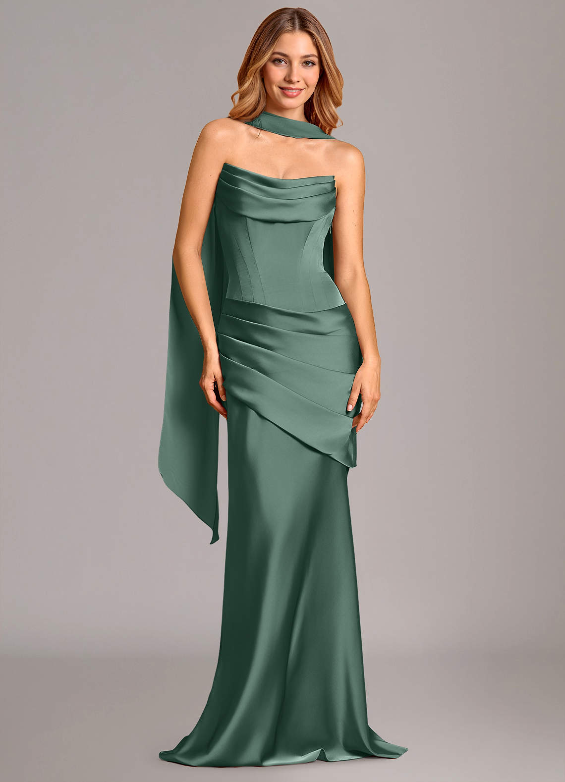 Pelagia Mermaid Cowl-Neck Stretch Satin Bridesmaid Dress in Eucalyptus