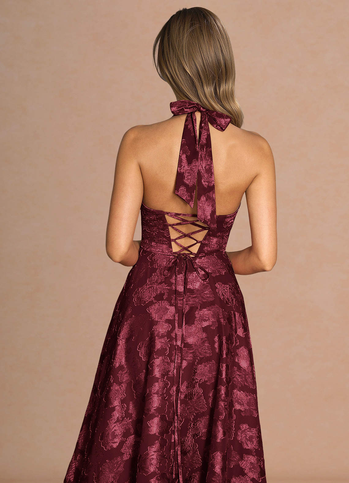 Isabeau A-Line V-Neck Fil Coupé Evening Dress in Wine