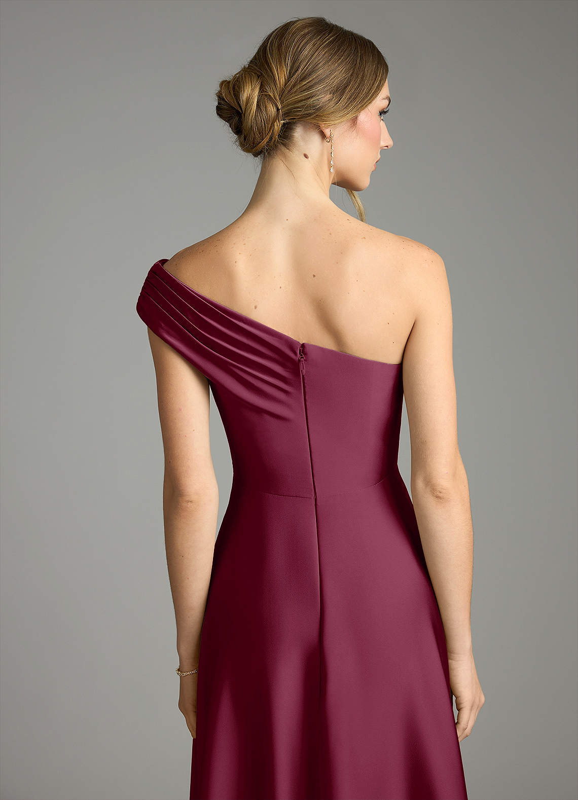 Melanie A-Line One-Shoulder Stretch Satin Bridesmaid Dress in Mulberry