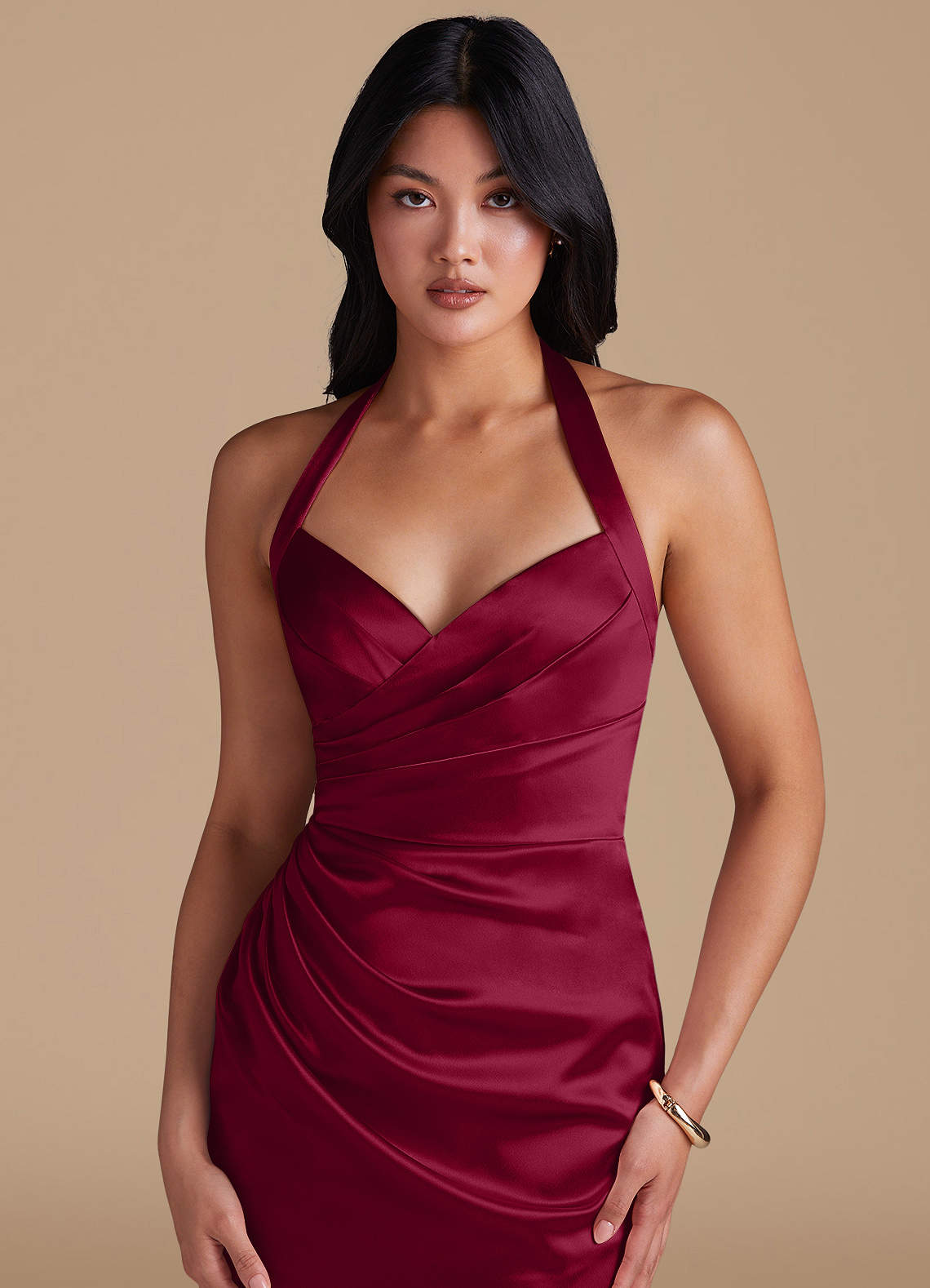 Emeria Sheath Halter Metallic Satin Bridesmaid Dress in Burgundy