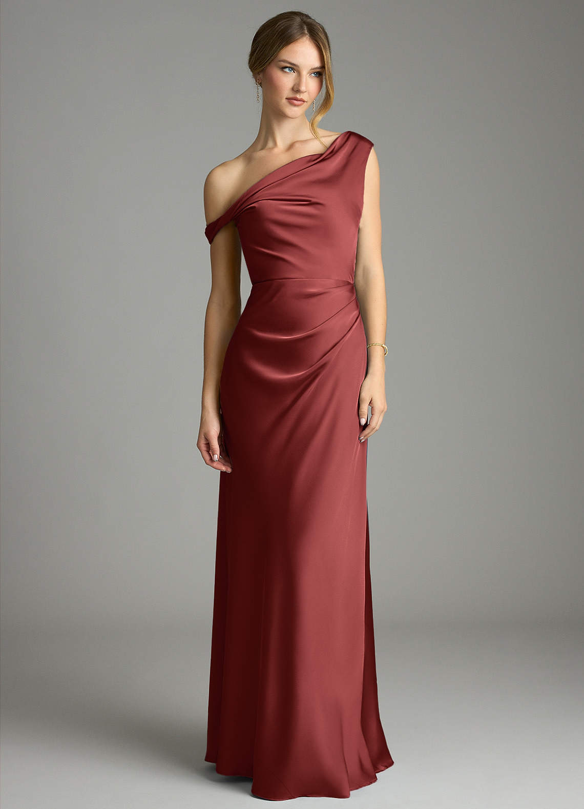 Emerson Mermaid One-Shoulder Stretch Satin Bridesmaid Dress in Terracotta