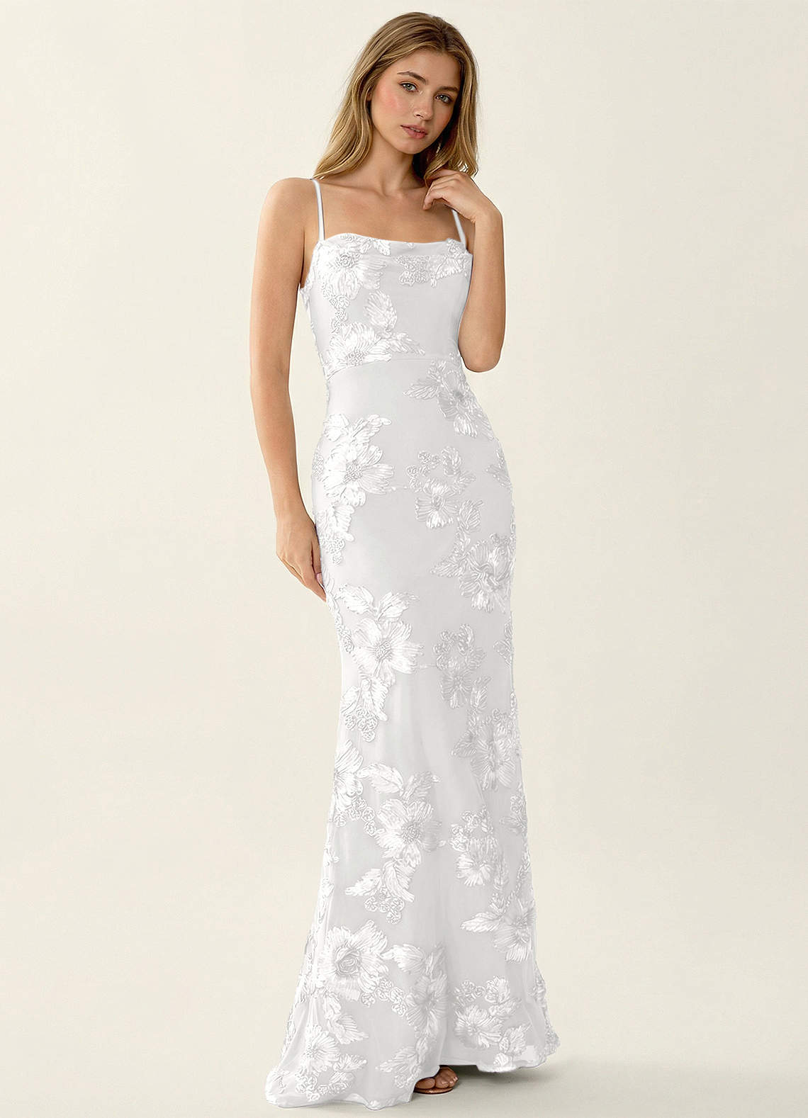 Kailani Mermaid Spaghetti-Strap Lace Evening Dress in white