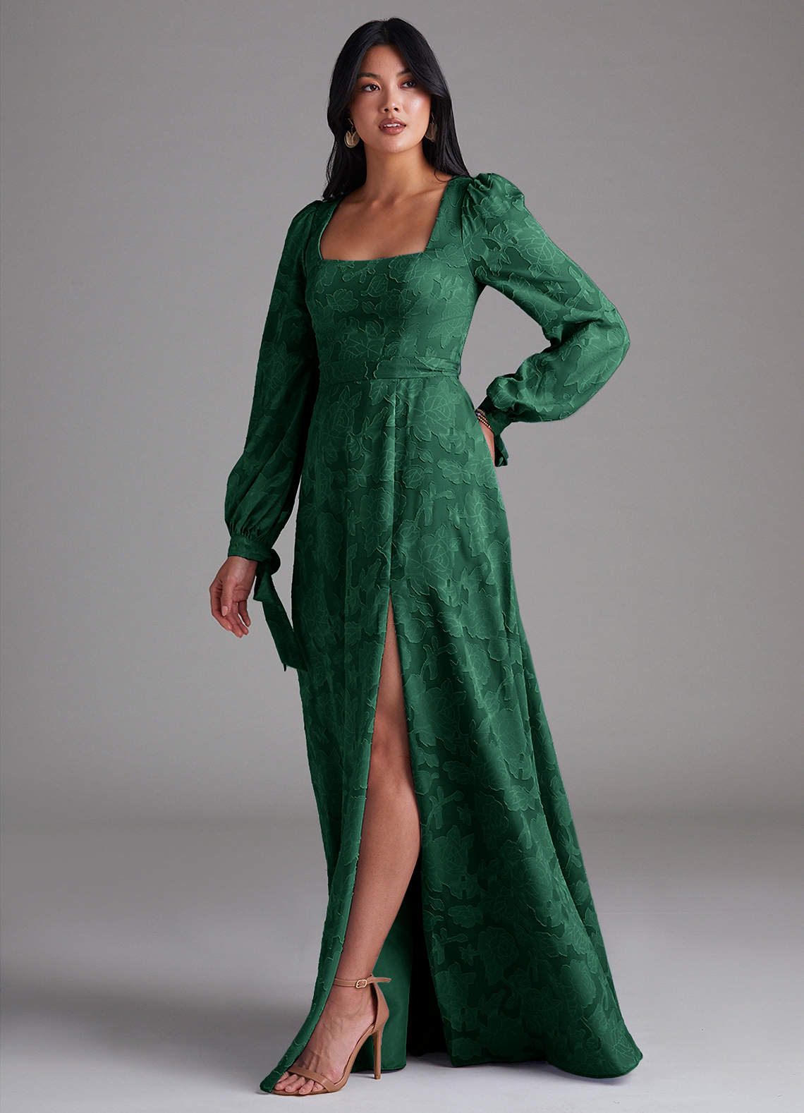 Leonia A-Line Square-Neck Stretch Satin Bridesmaid Dress in Dark Green