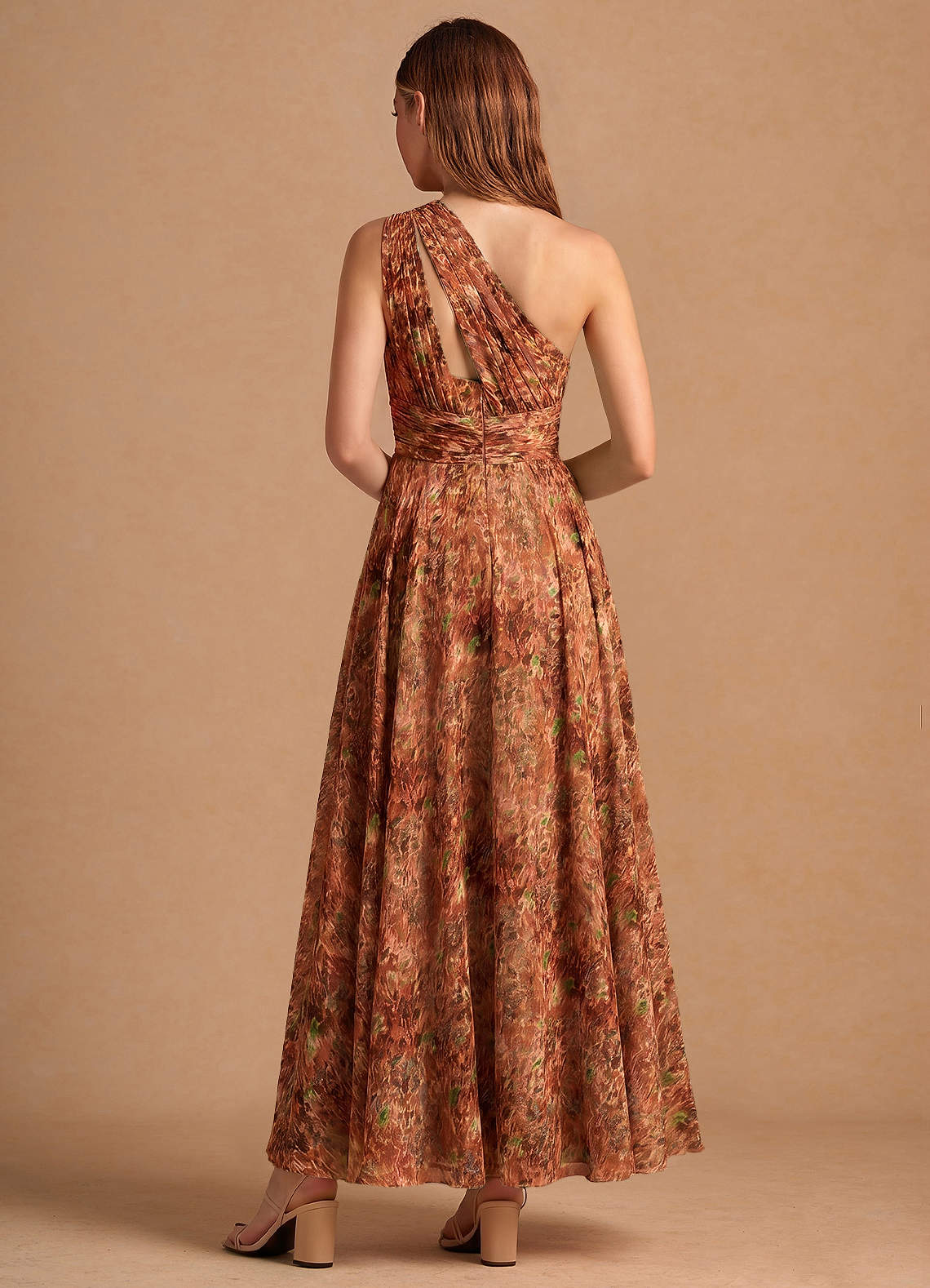 Noelle A-Line Twisted-Shoulder Chiffon Wedding Guest Dress in Orange Floral