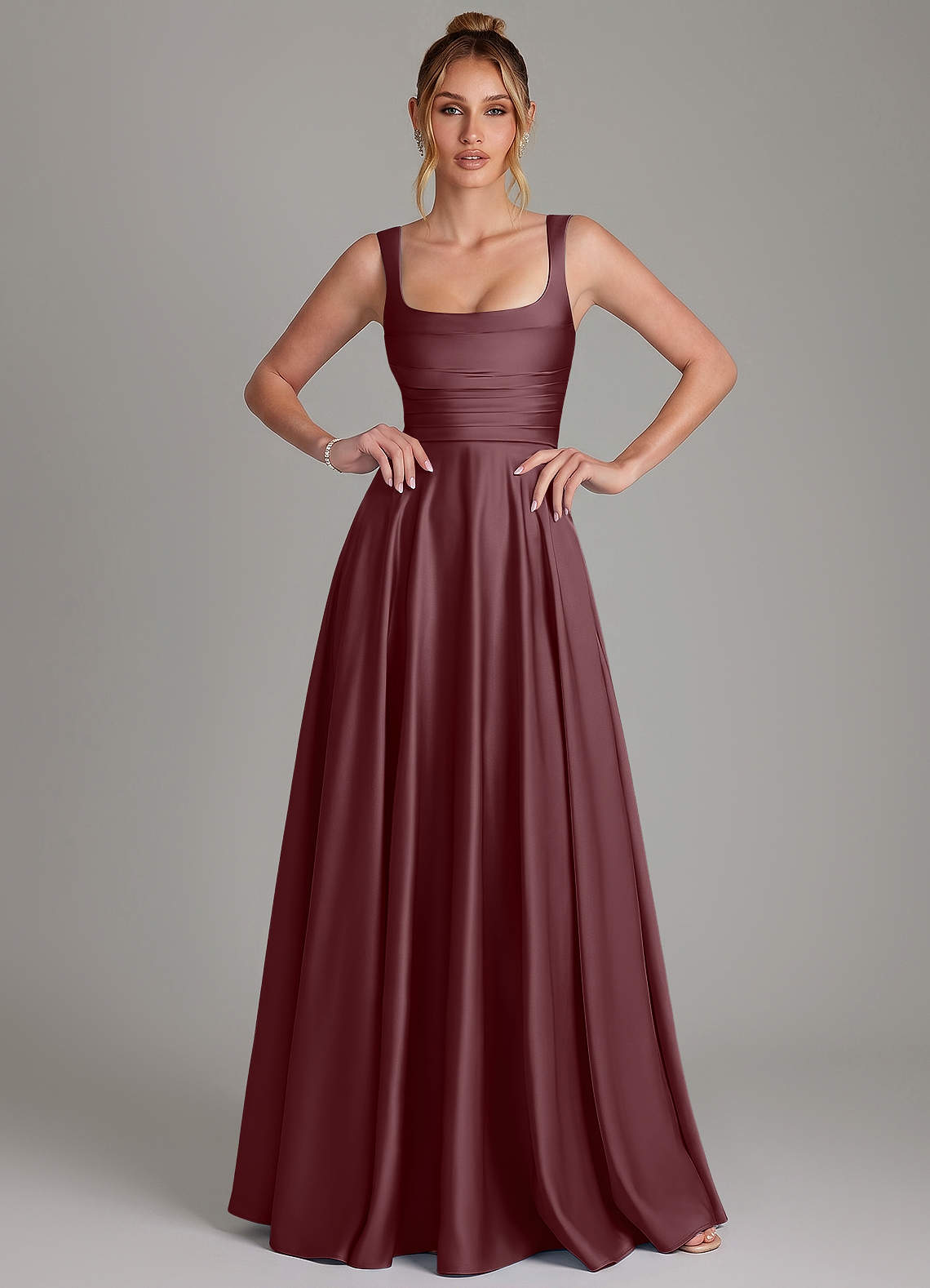 Azaria A-Line Square-Neck Stretch Satin Bridesmaid Dress in Sangria