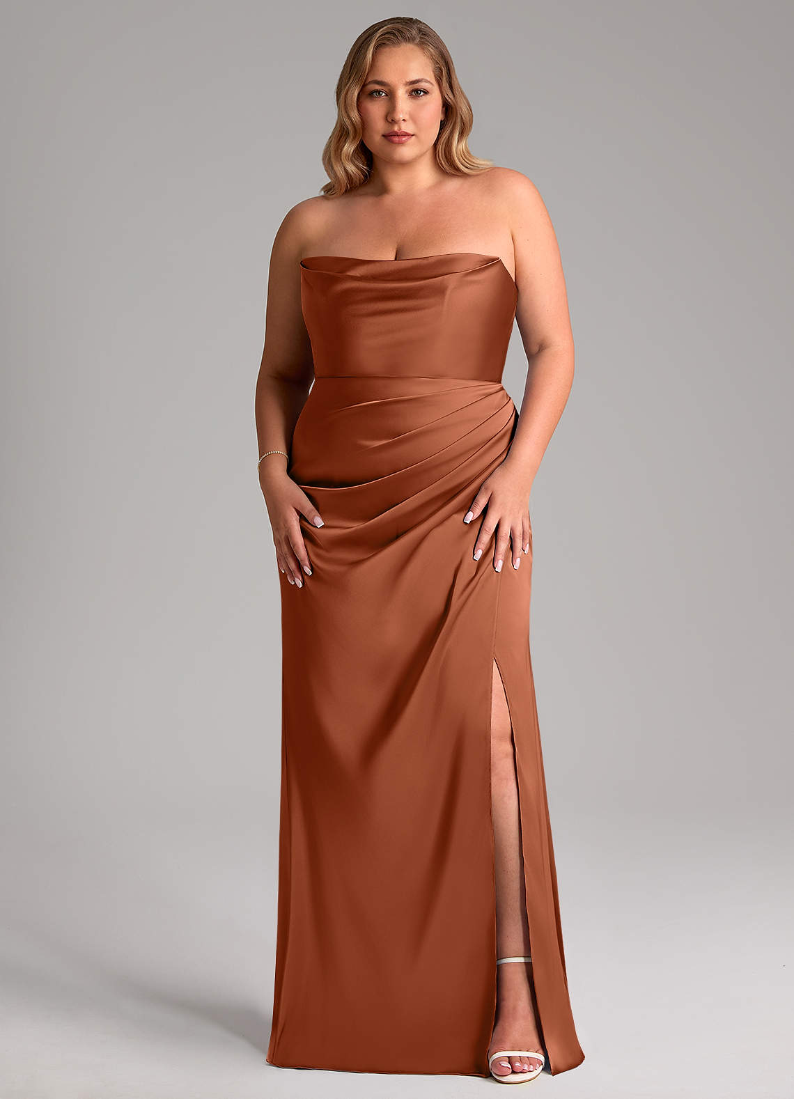 Leonis Mermaid Cowl-Neck Stretch Satin Bridesmaid Dress in Cedar Rose