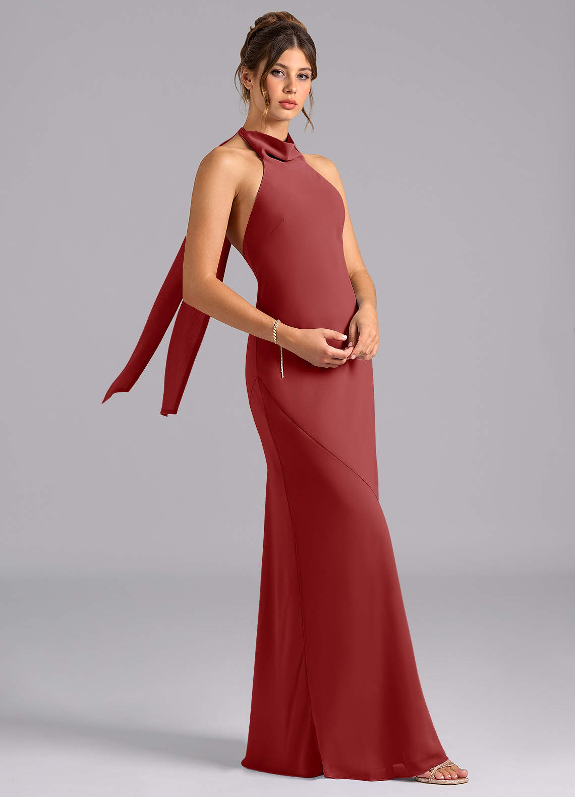 Velli Mermaid Halter Chiffon Bridesmaid Dress in Rust