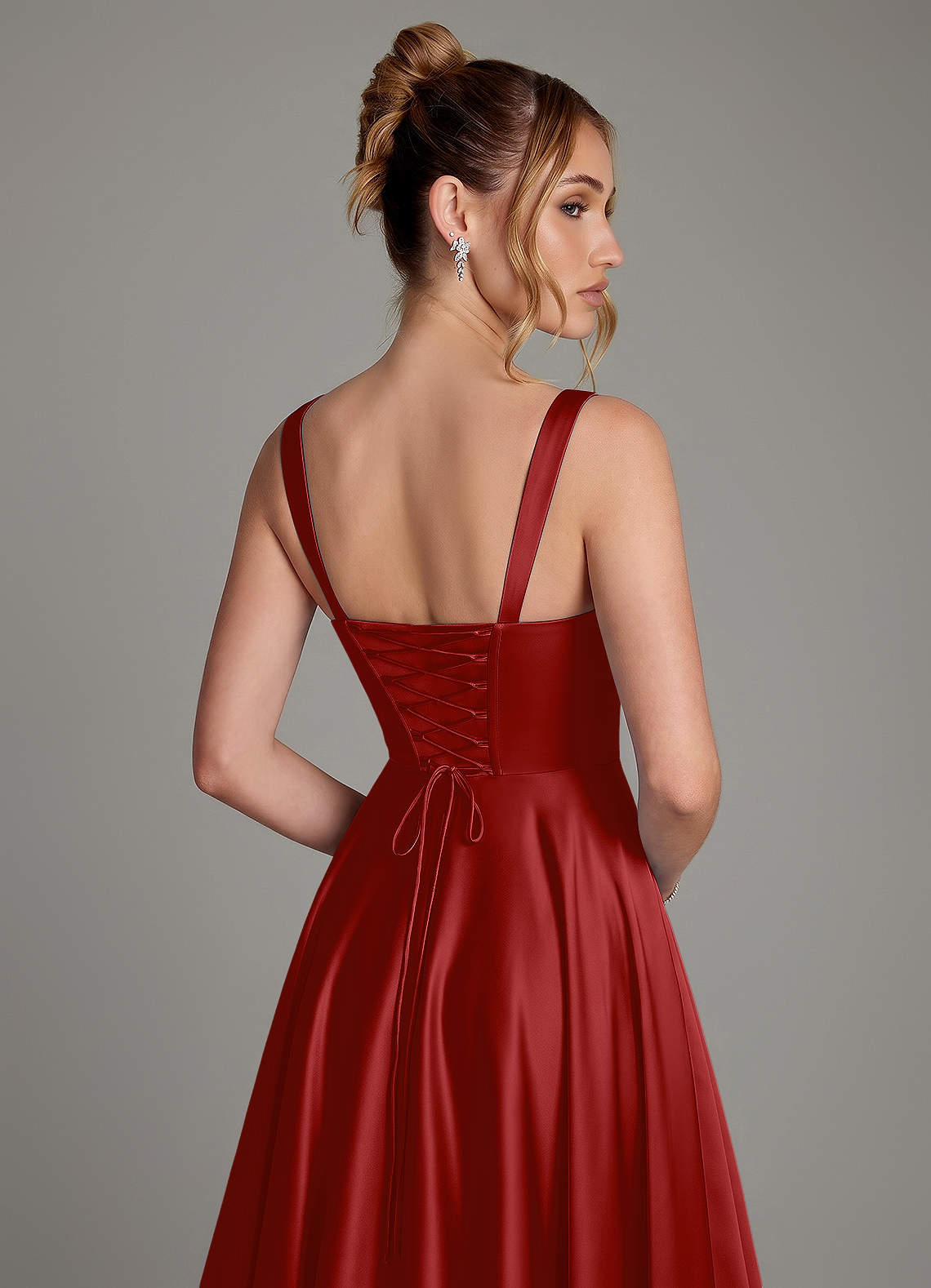 Azaria A-Line Square-Neck Stretch Satin Bridesmaid Dress in Pomegranate