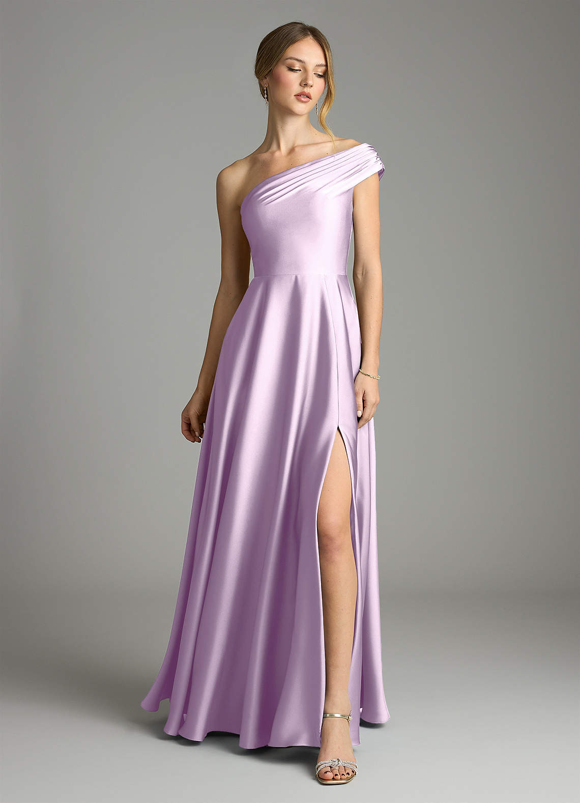 Melanie A-Line One-Shoulder Stretch Satin Bridesmaid Dress in Frosted Lilac