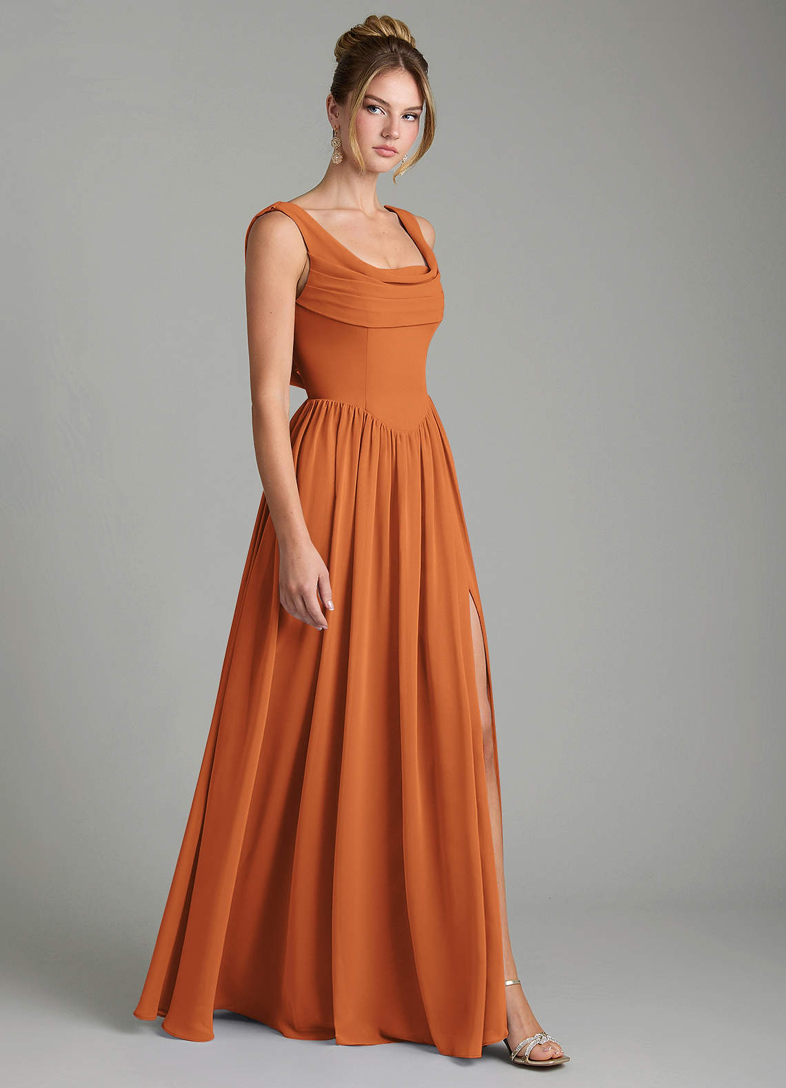 Novi A-Line Square-Neck Chiffon Bridesmaid Dress in Cinnamon