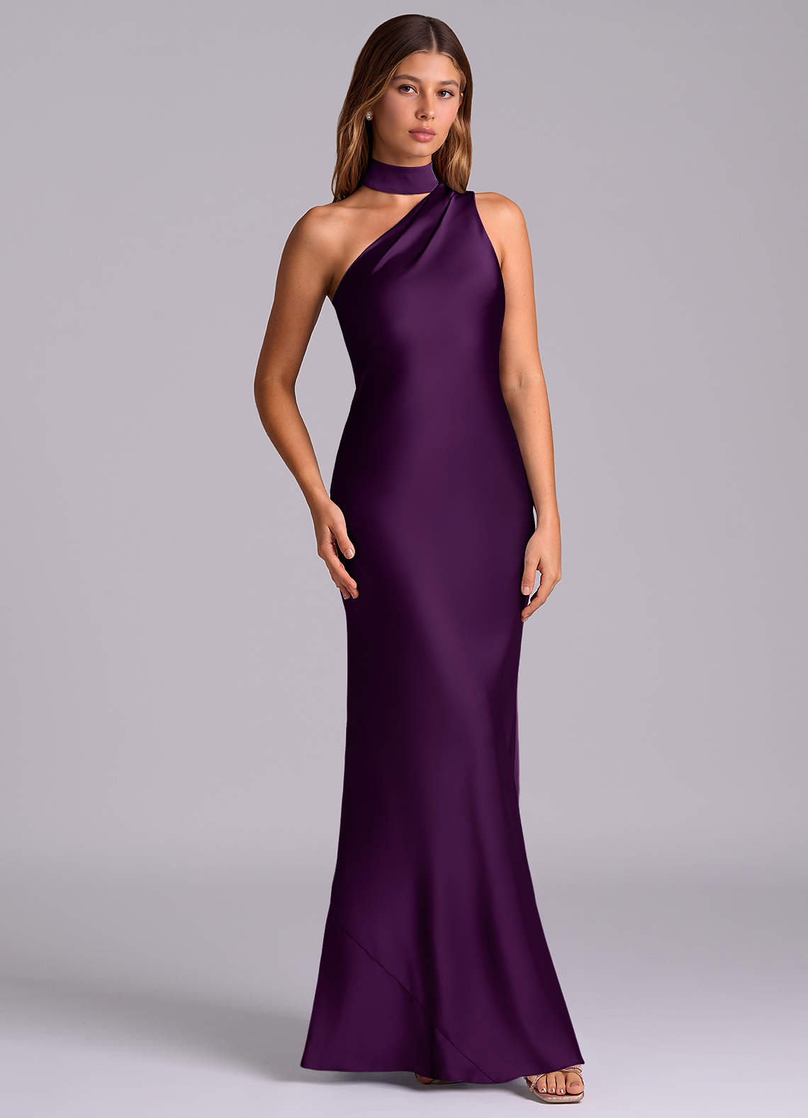 Seona Mermaid One-Shoulder Stretch Satin and Tulle Bridesmaid Dress in Grape