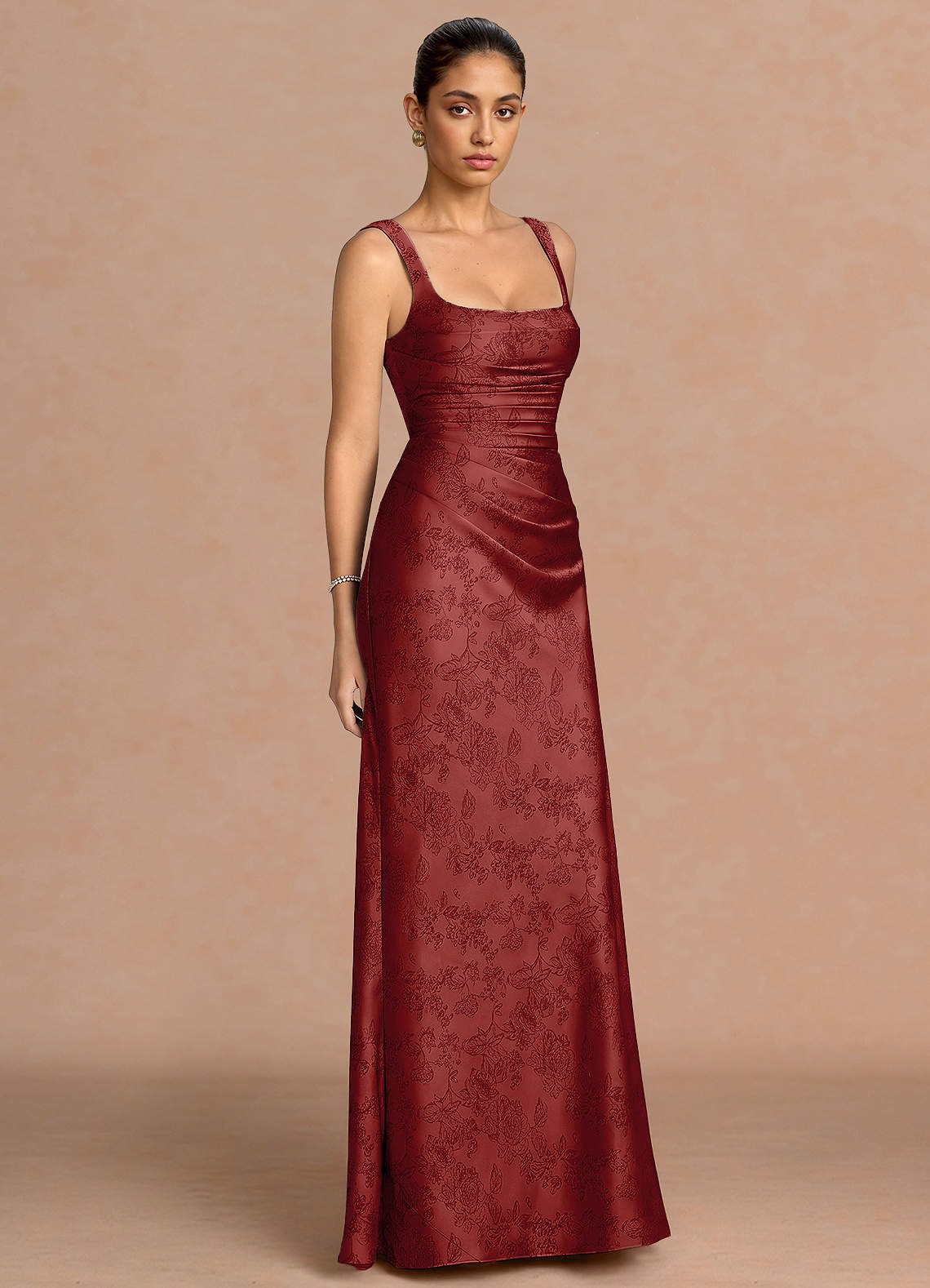 Agustina Square-Neck Pleated Jacquard Evening Dress in Orange Red