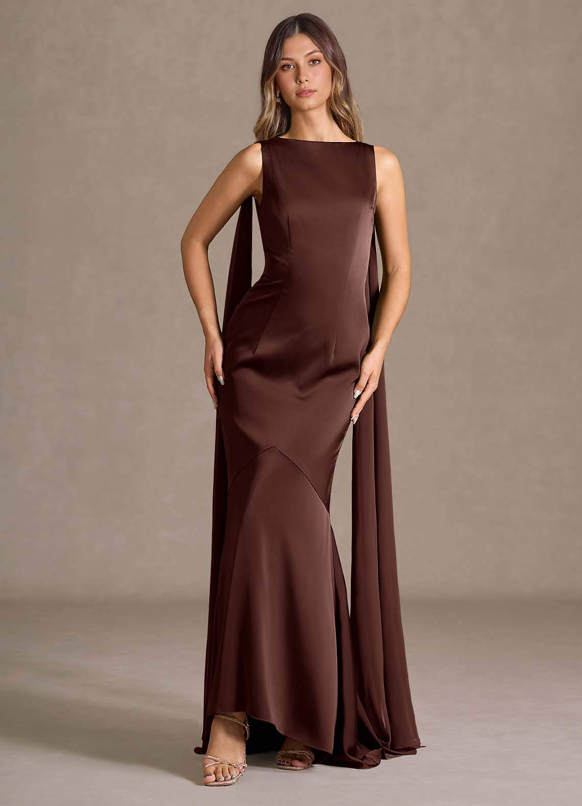 Wynne Mermaid Shoulder-Scarf Stretch Satin Evening Dress in Olive