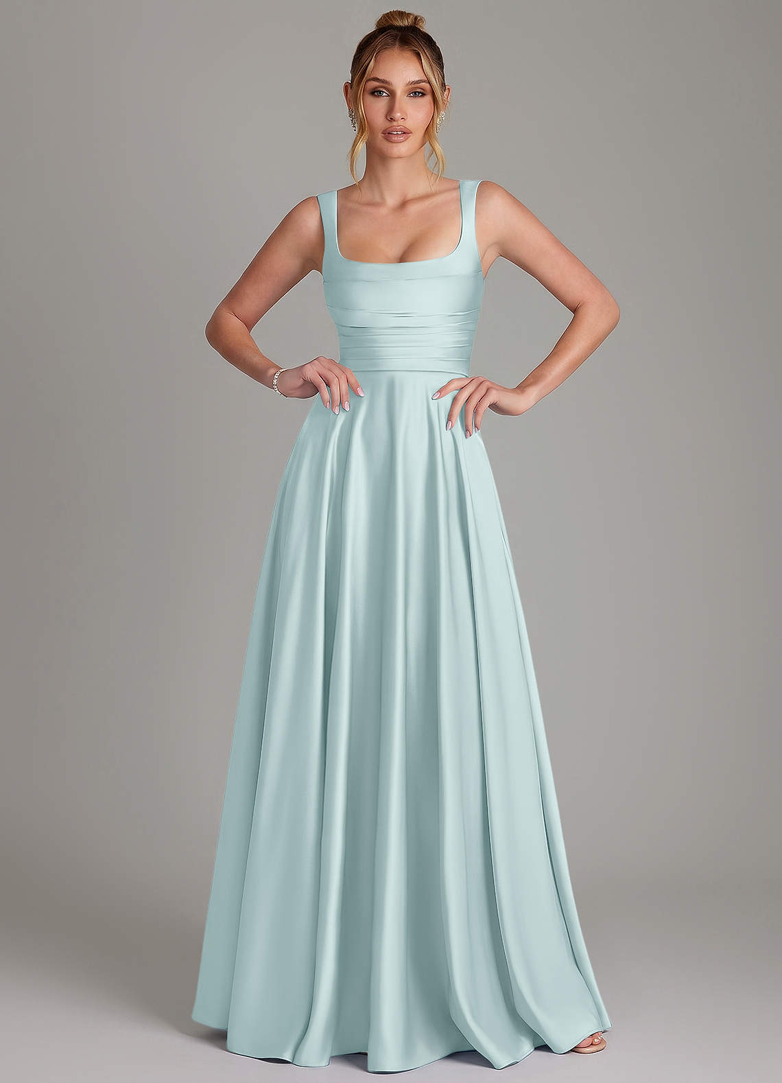 Azaria A-Line Square-Neck Stretch Satin Bridesmaid Dress in Mist