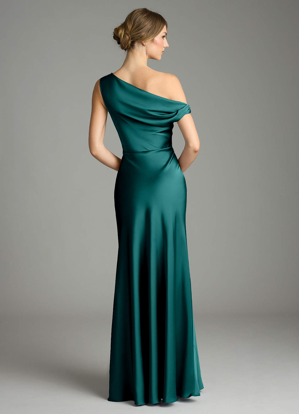 Emerson Mermaid One-Shoulder Stretch Satin Bridesmaid Dress in Peacock