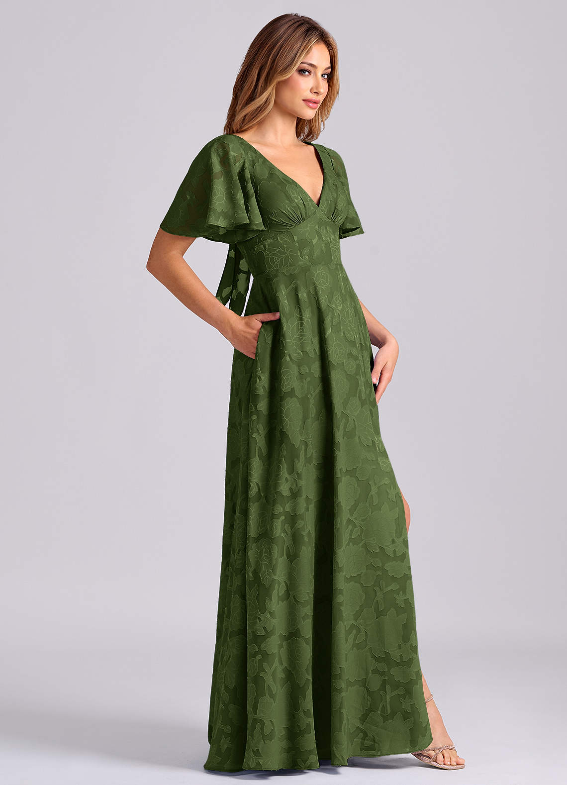 Kimber A-Line V-Neck Floral Burnout Bridesmaid Dress in Olive
