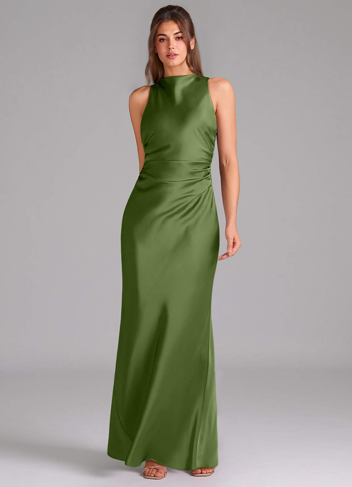 Evadne Sheath Scoop-Neck Stretch Satin Bridesmaid Dress in Juniper