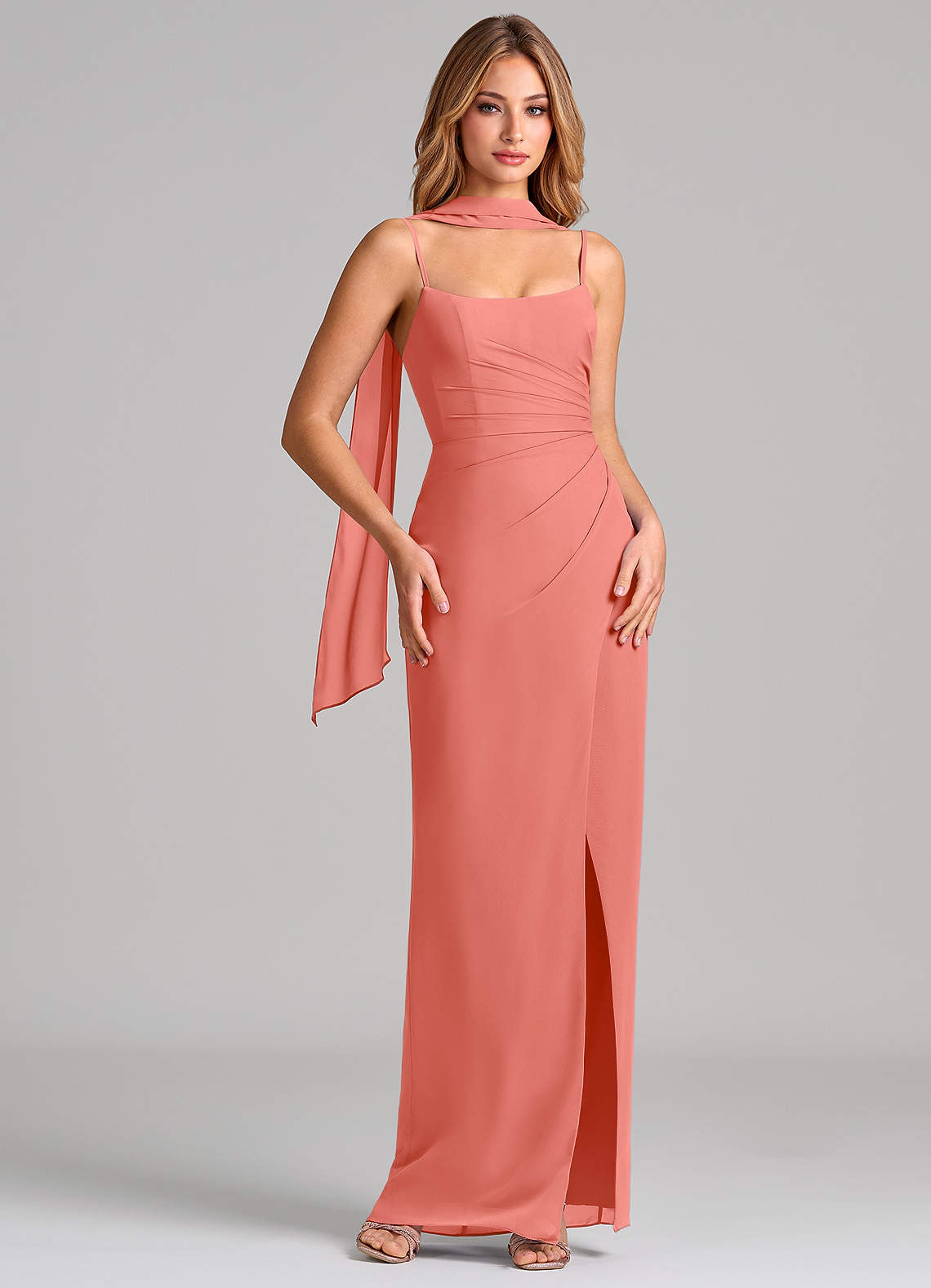 Calandra Sheath Scoop-Neck Chiffon Bridesmaid Dress in Salmon Pink