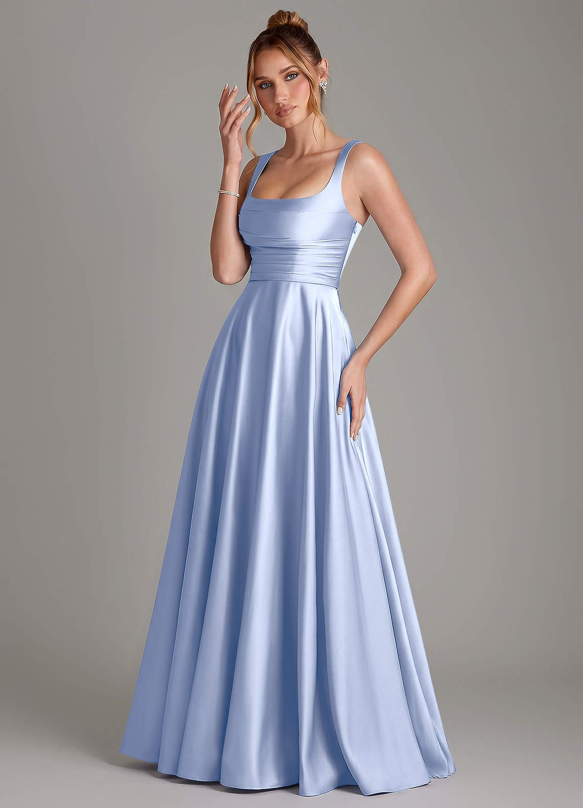 Azaria A-Line Square-Neck Stretch Satin Bridesmaid Dress in Ice