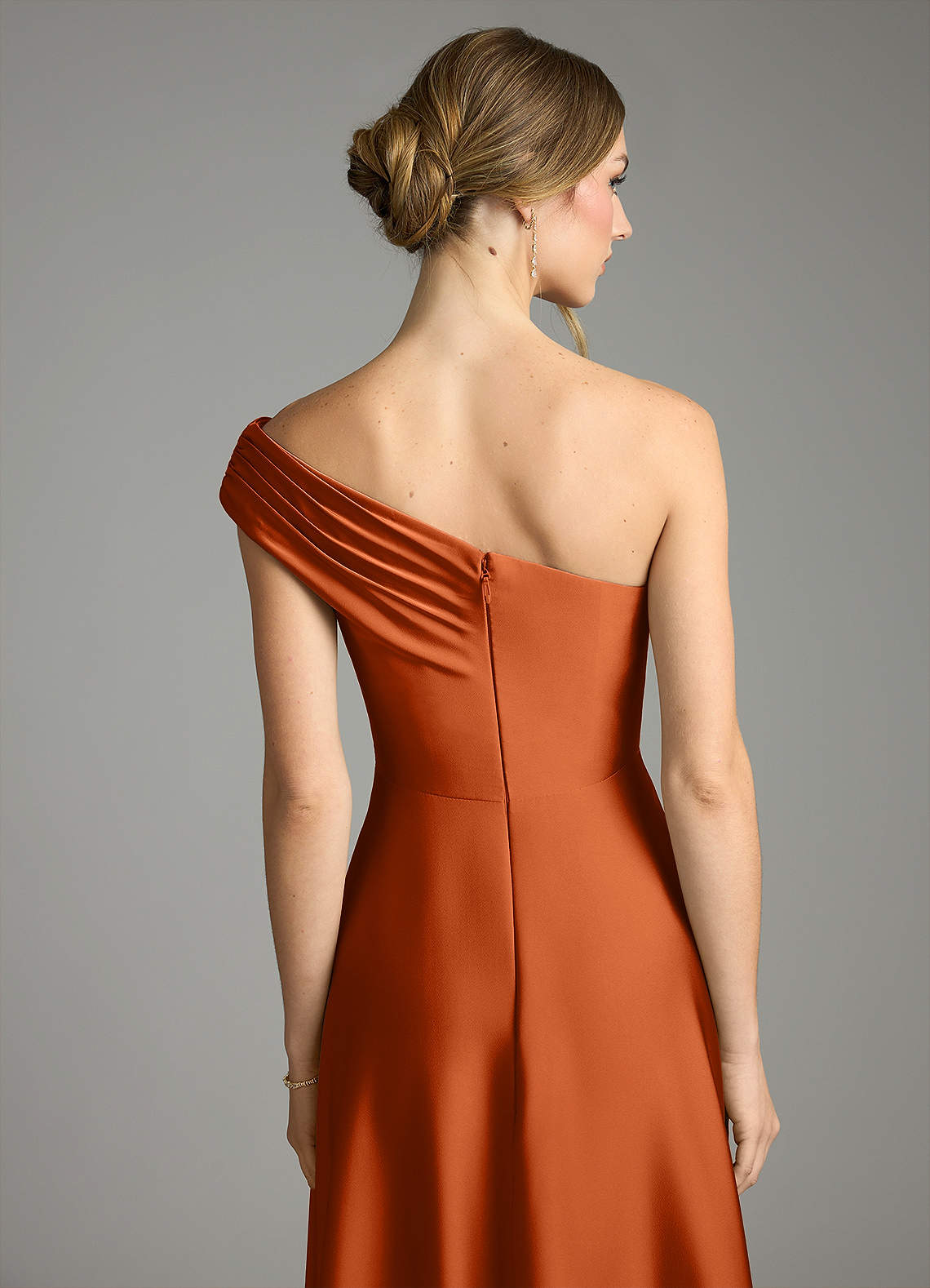 Melanie A-Line One-Shoulder Stretch Satin Bridesmaid Dress in Burnt Orange
