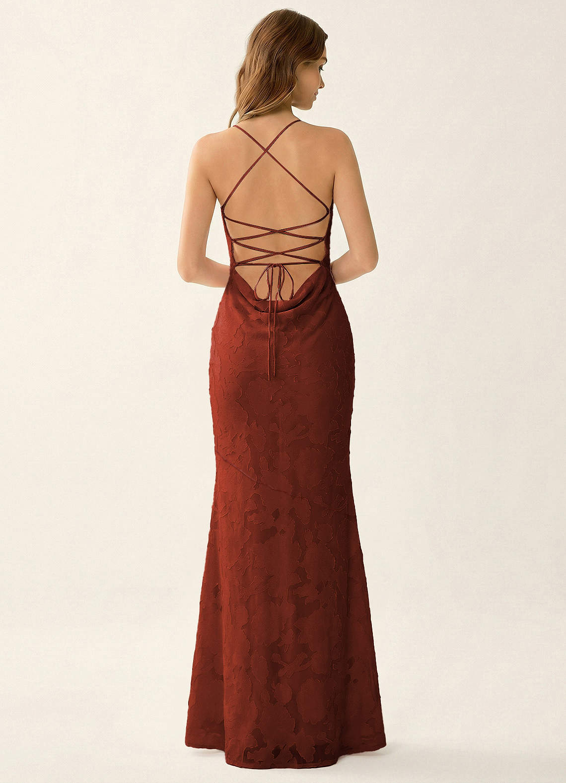 Natasha Mermaid Spaghetti-Strap Floral Burnout Evening Dress in Burnt Umber