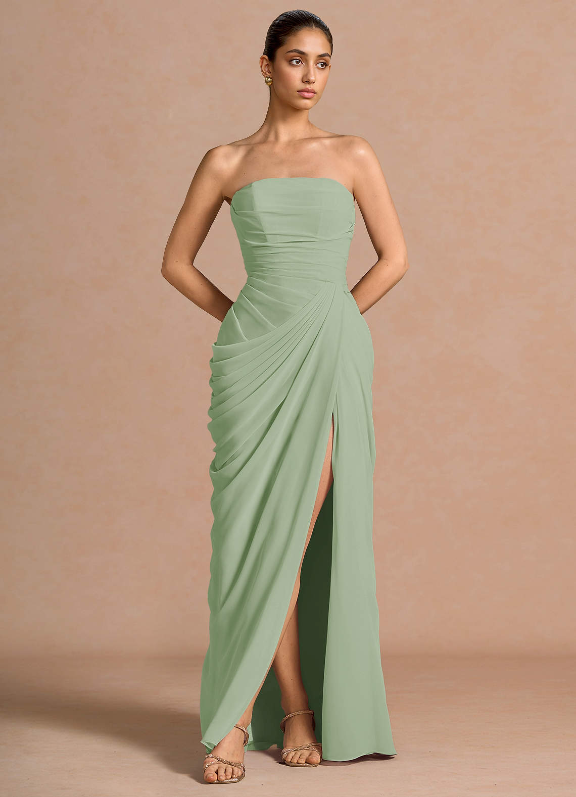 Kaavia Column Pleated Chiffon Maxi Evening Dress in Dusty Blue
