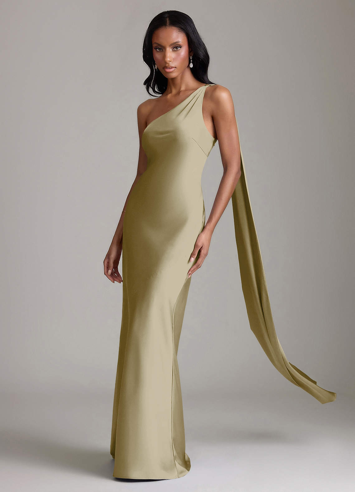 Juniper Mermaid One-Shoulder Stretch Satin Bridesmaid Dress in Moss Green