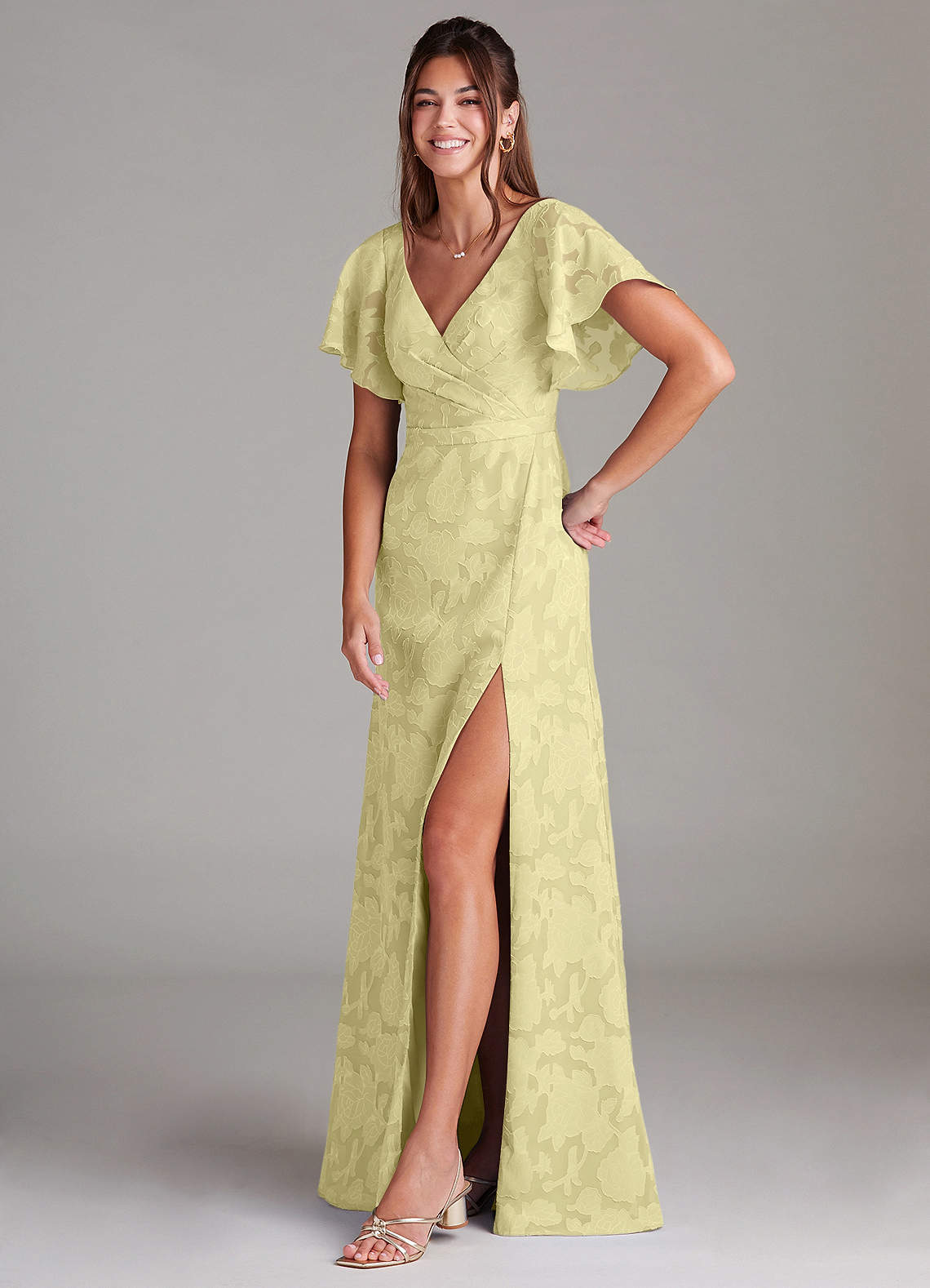 Ambrosia A-Line V-Neck Floral Burnout Bridesmaid Dress in Lemon Sorbet