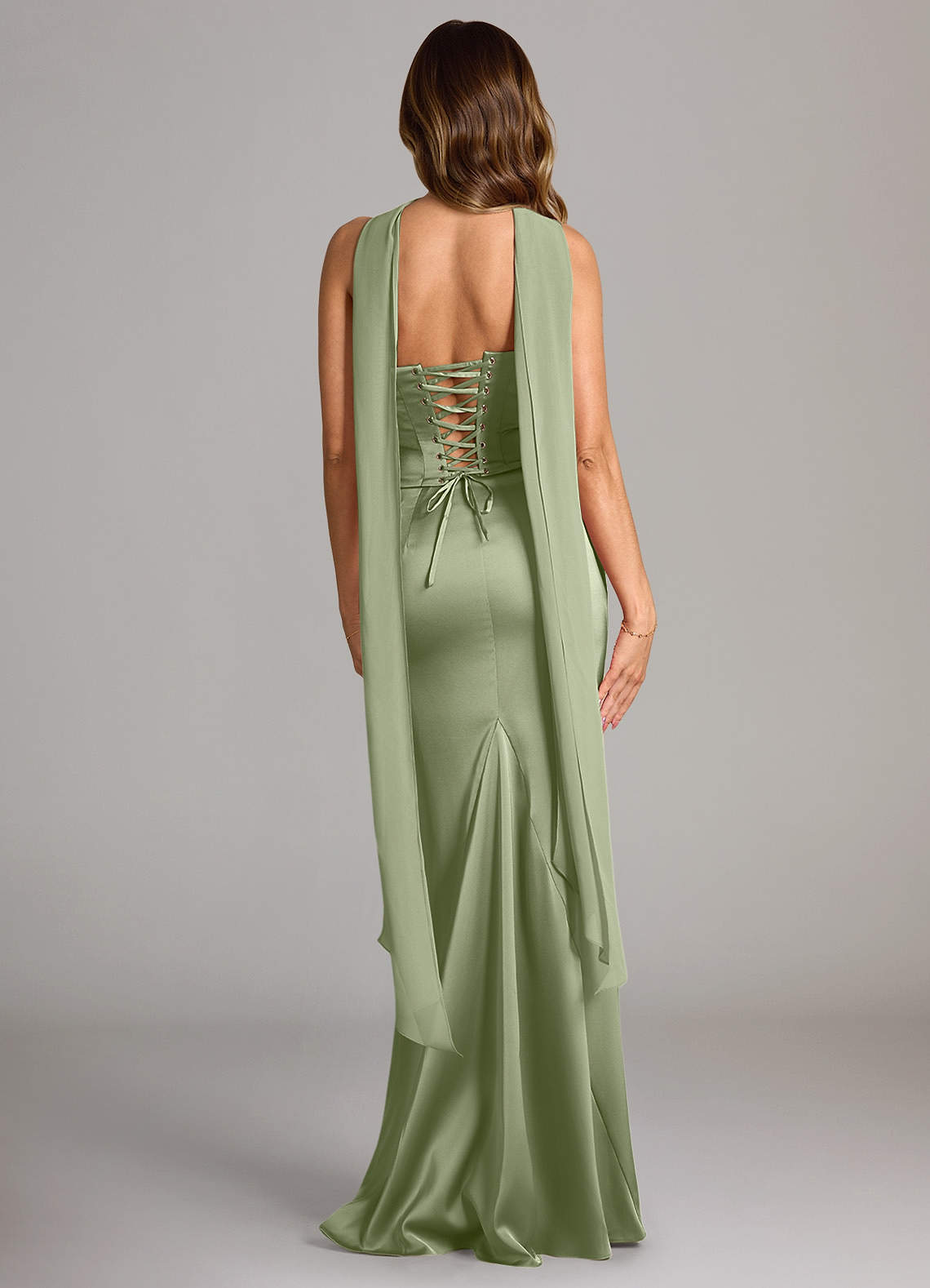 Sorrel Mermaid Cowl-Neck Stretch Satin and Chiffon Bridesmaid Dress in Pistachio