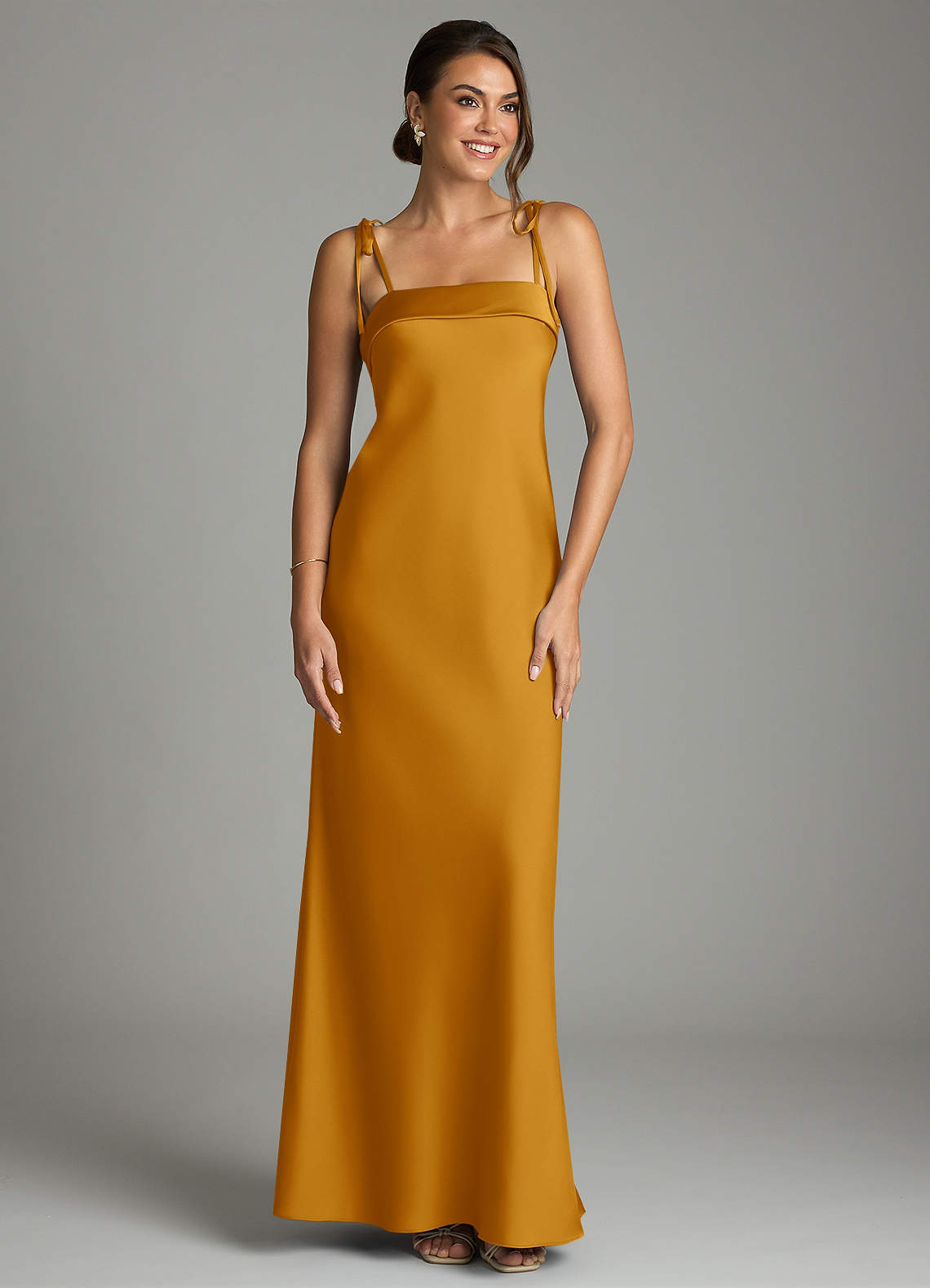 Ellia Sheath Straight-Neck Stretch Satin Bridesmaid Dress in butterscotch