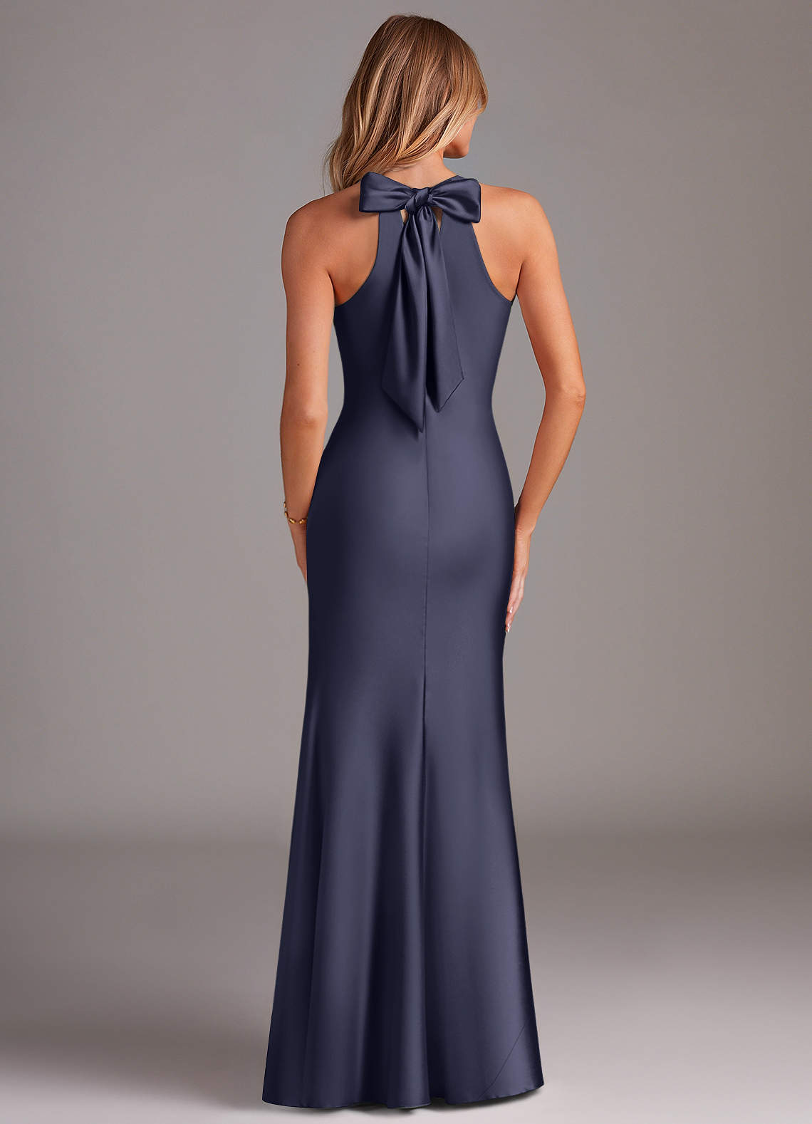 Doretta Mermaid Halter Stretch Satin Bridesmaid Dress in Stormy