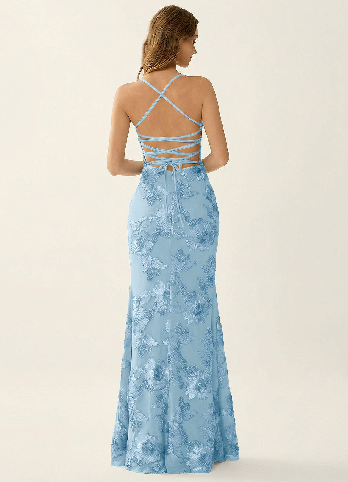 Kailani Mermaid Spaghetti-Strap Lace Evening Dress in Sky Blue