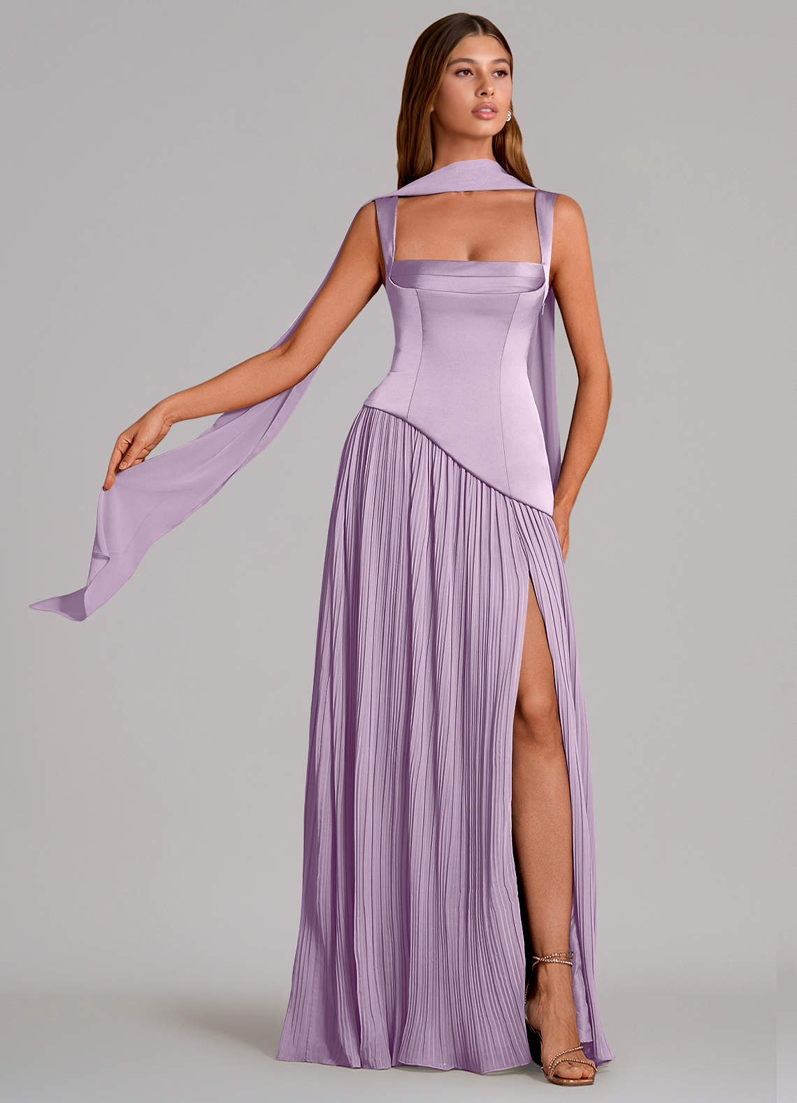Stephanie A-Line Square-Neck Stretch Satin and Chiffon Bridesmaid Dress in Frosted Lilac