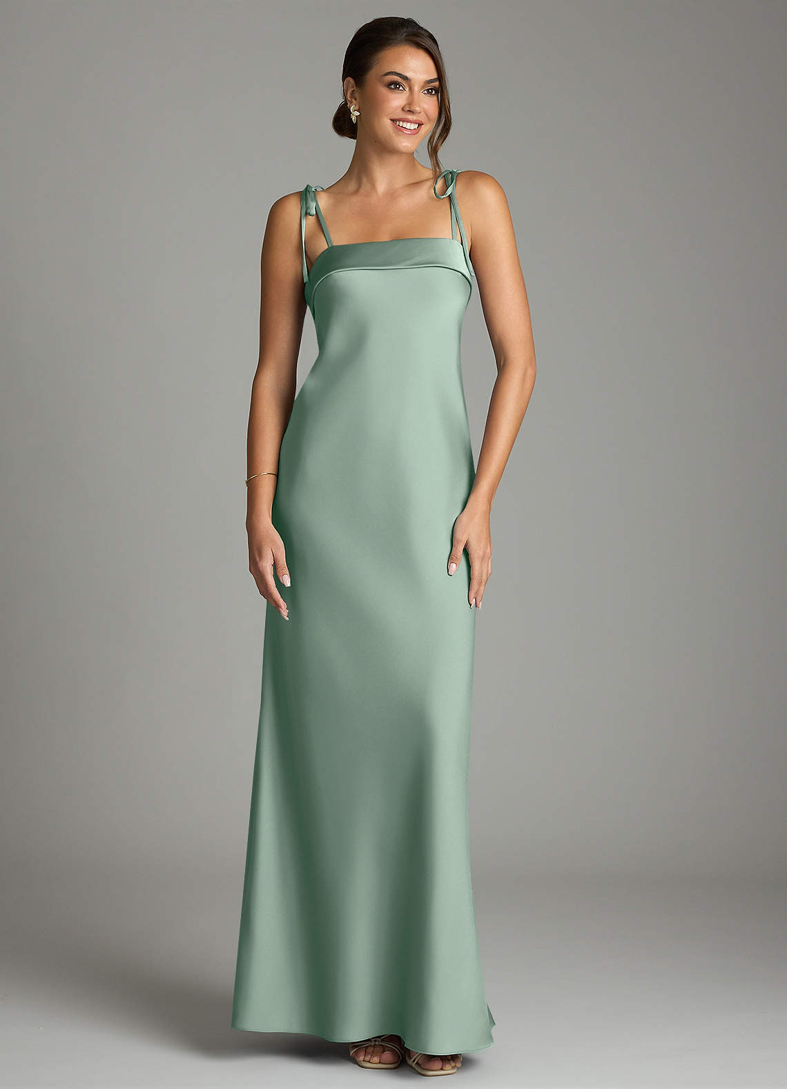 Ellia Sheath Straight-Neck Stretch Satin Bridesmaid Dress in Agave